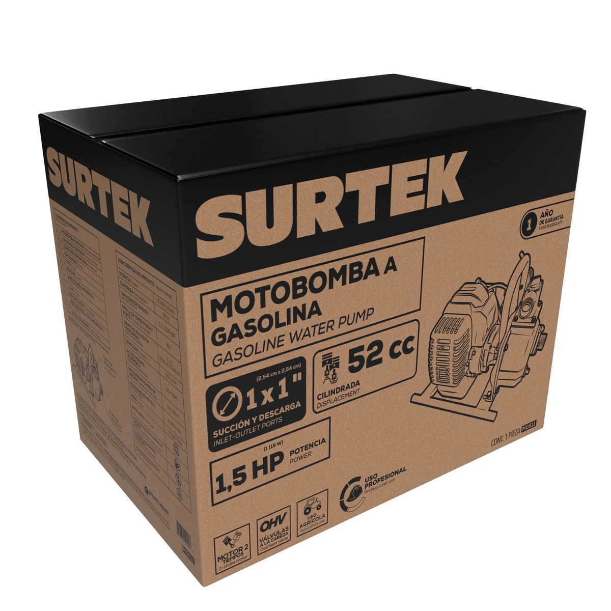 Motobomba a gasolina con diámetro de succión y descarga de 1x1", 1.5 HP Surtek - Imagen 2