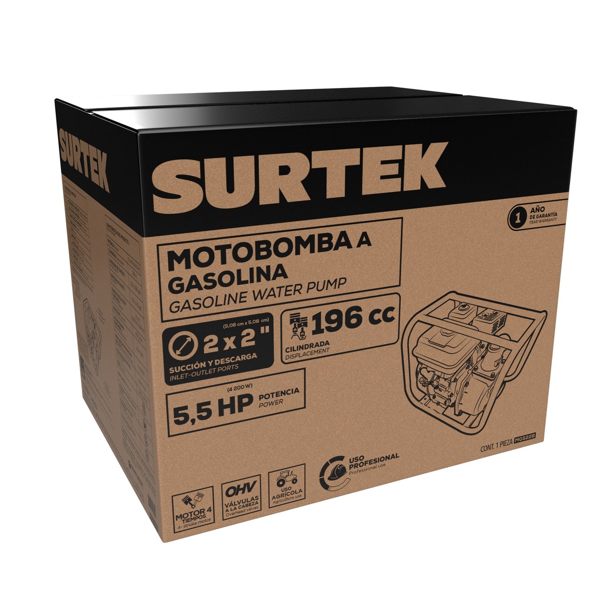Motobomba a gasolina con diámetro de succión y descarga de 2x2", 5.5 HP Surtek - Imagen 2