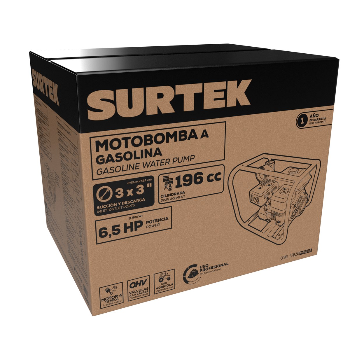 Motobomba a gasolina con diámetro de succión y descarga de 3x3", 6.5 HP Surtek - Imagen 2