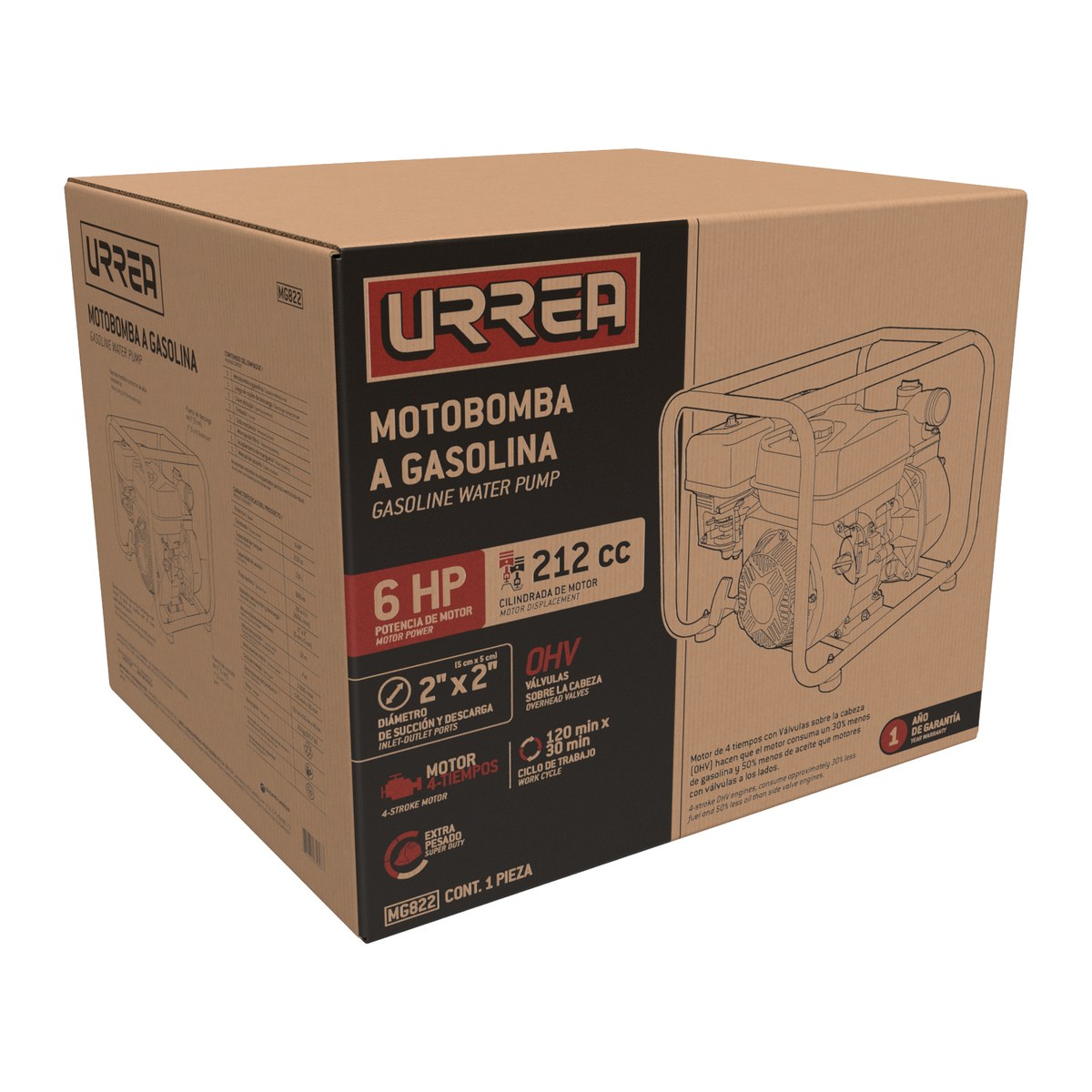Motobomba a gasolina con diámetro de succión y descarga de 2 x 2", 6 HP Urrea - Imagen 2