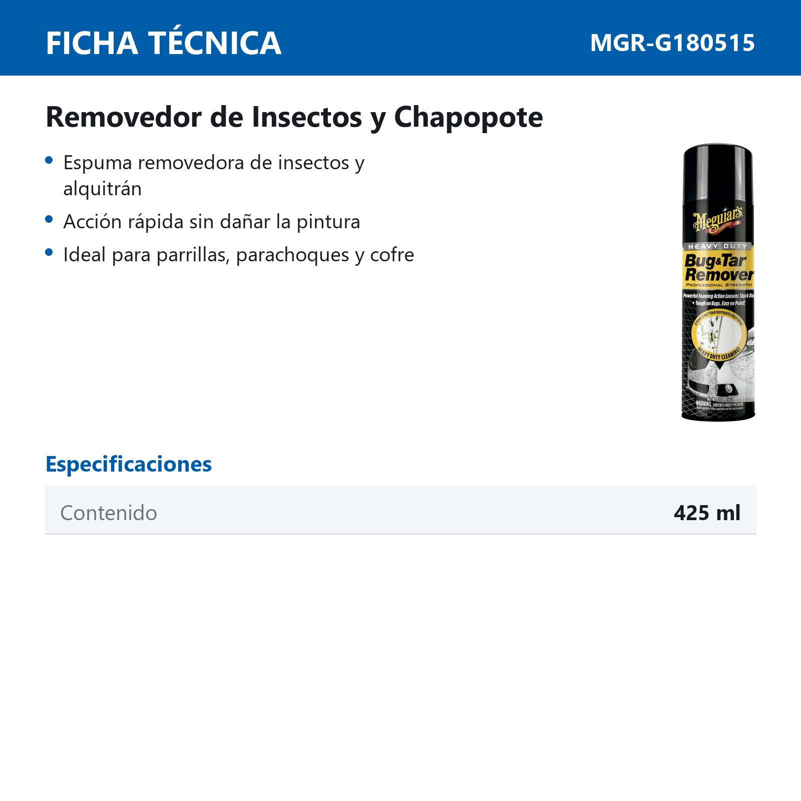 REMOVEDOR DE INSECTOS Y ALQUITRAN 425 ML ESPUMA BUG & TAR MEGUIARS - Imagen 2