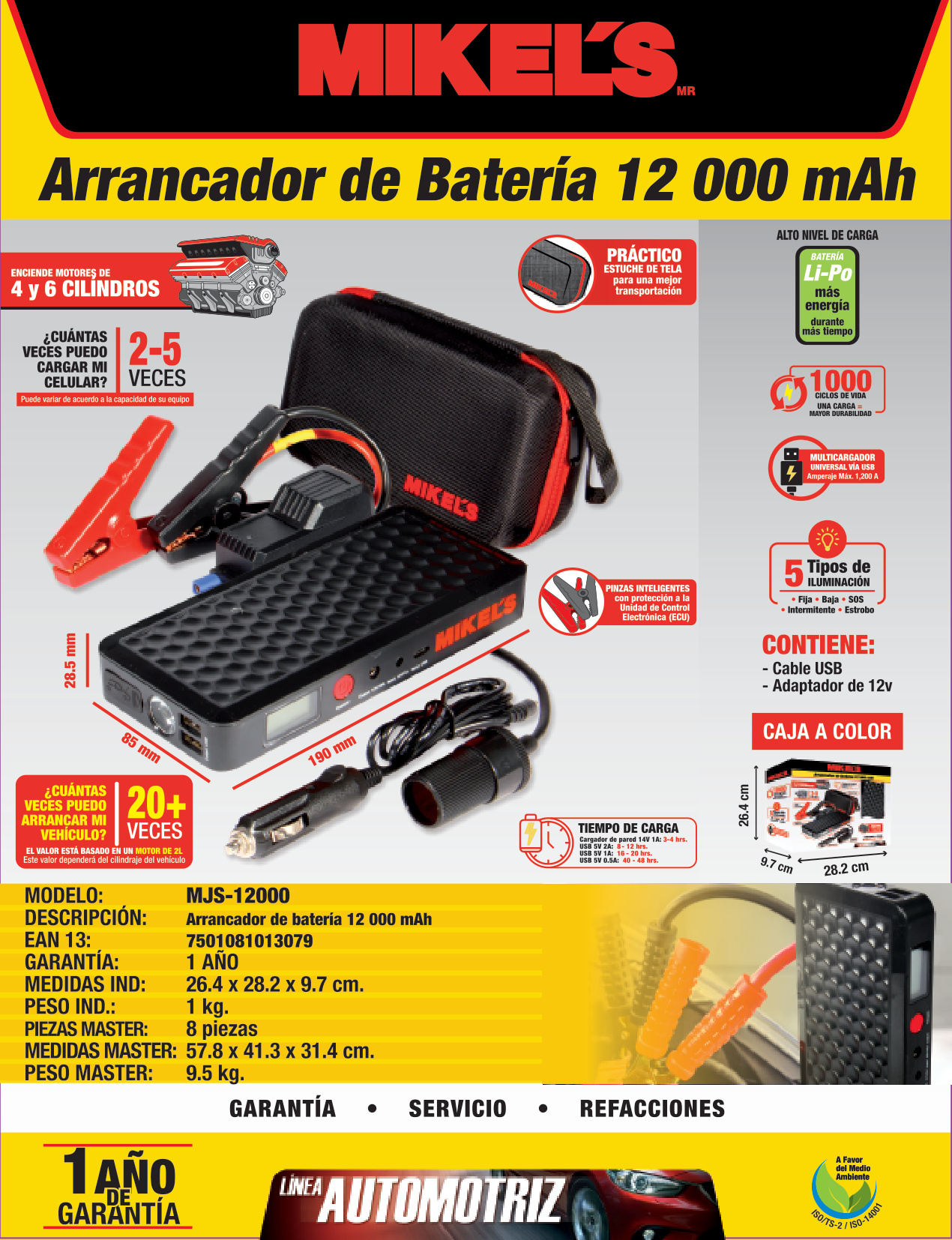 MIKELS MJS-12000 Arrancador de baterías jumper (12,000 mAh) - Imagen 4