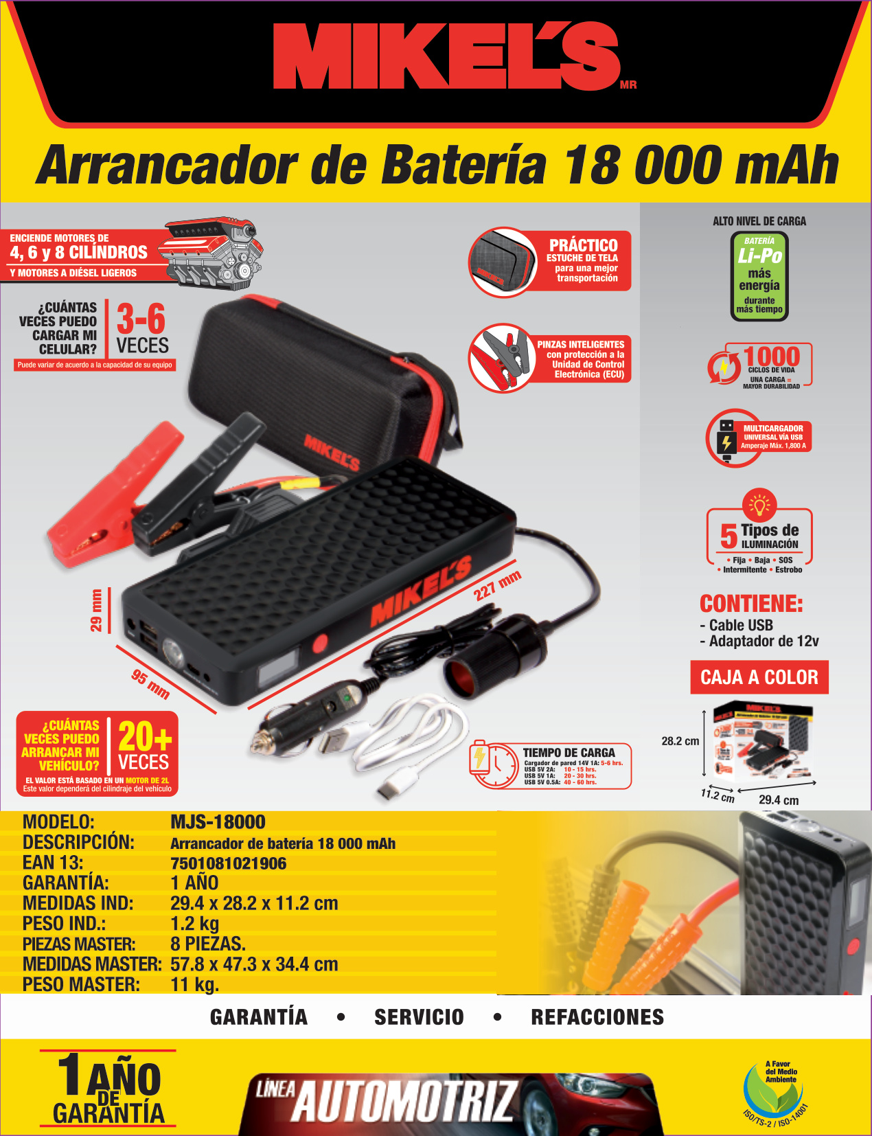 MIKELS MJS-18000 Arrancador de baterias jumper (18,000 mAh) - Imagen 4