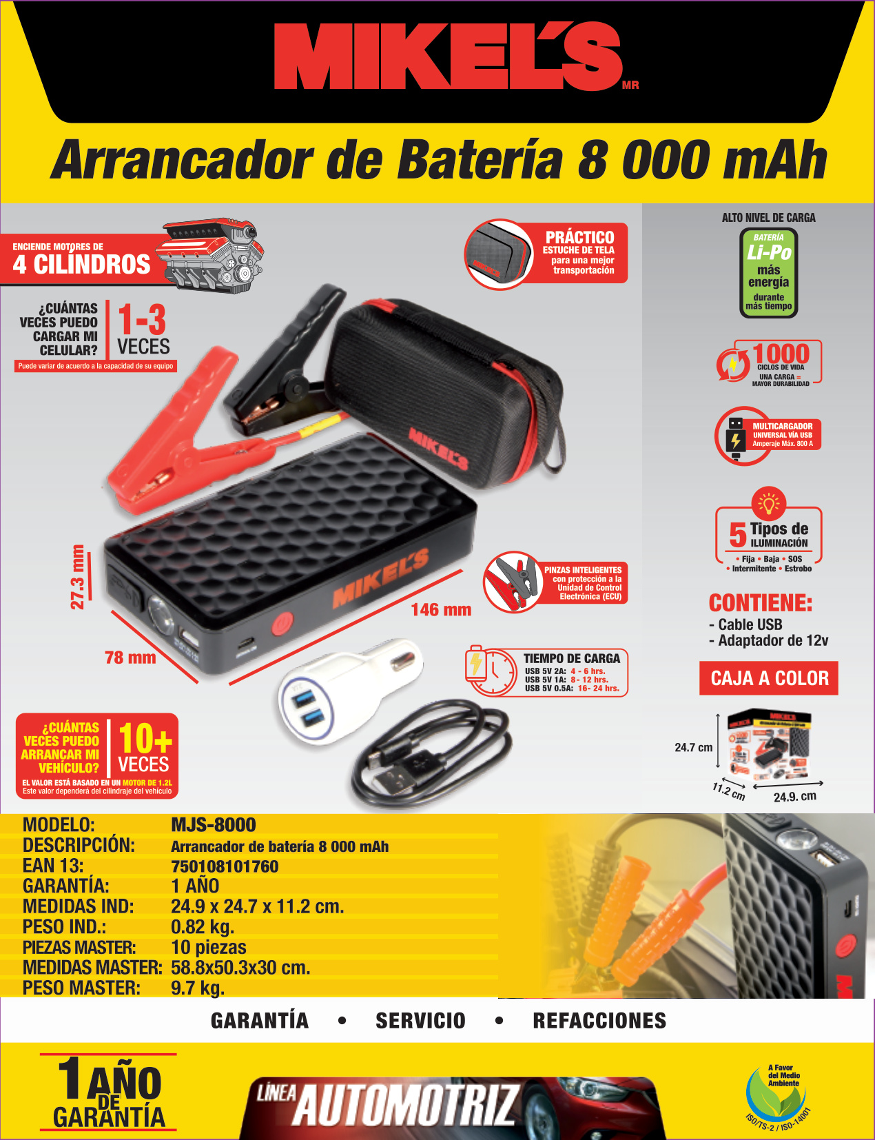 MIKELS MJS-8000 Arrancador de baterías jumper (8,000 mAh) - Imagen 4