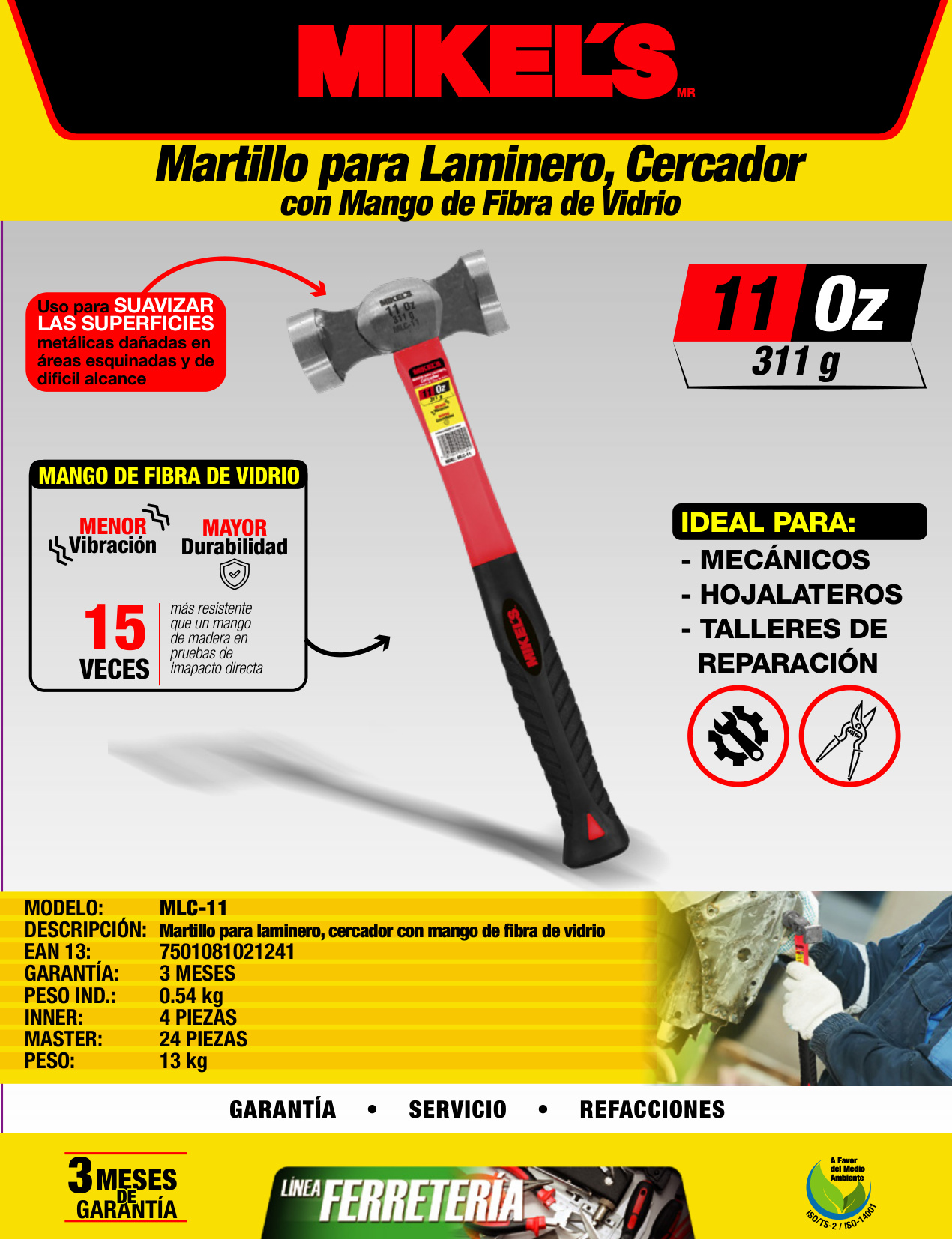 MIKELS MLC-11 Martillo para laminero cercador, mango de fibra de vidrio (11 oz) - Imagen 4