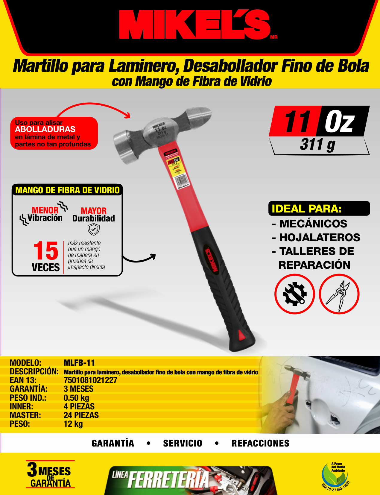 MIKELS MLFB-11 Martillo para laminero desabollador fino de bola, mango de fibra de vidrio (11 oz) - Imagen 4