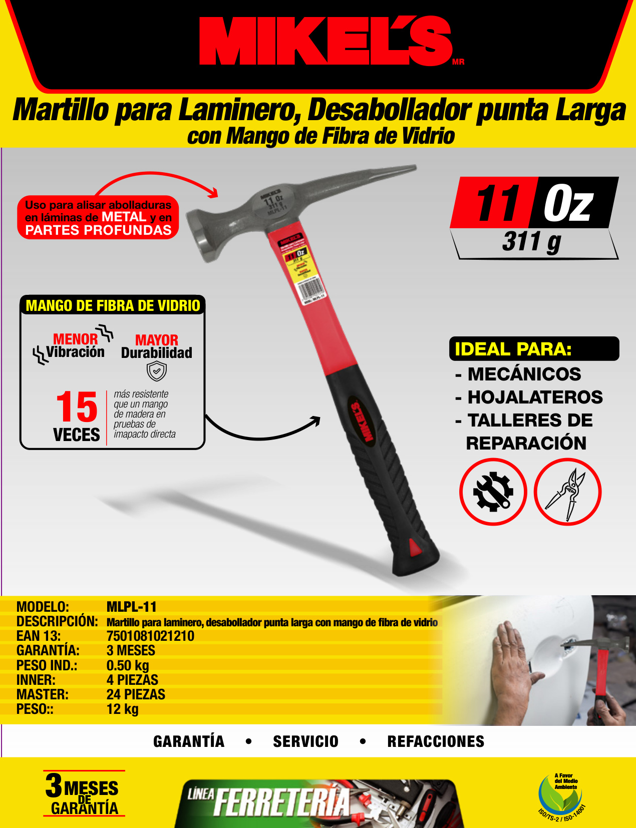 MIKELS MLPL-11 Martillo para laminero desabollador punta larga, mango de fibra de vidrio (11 oz) - Imagen 4