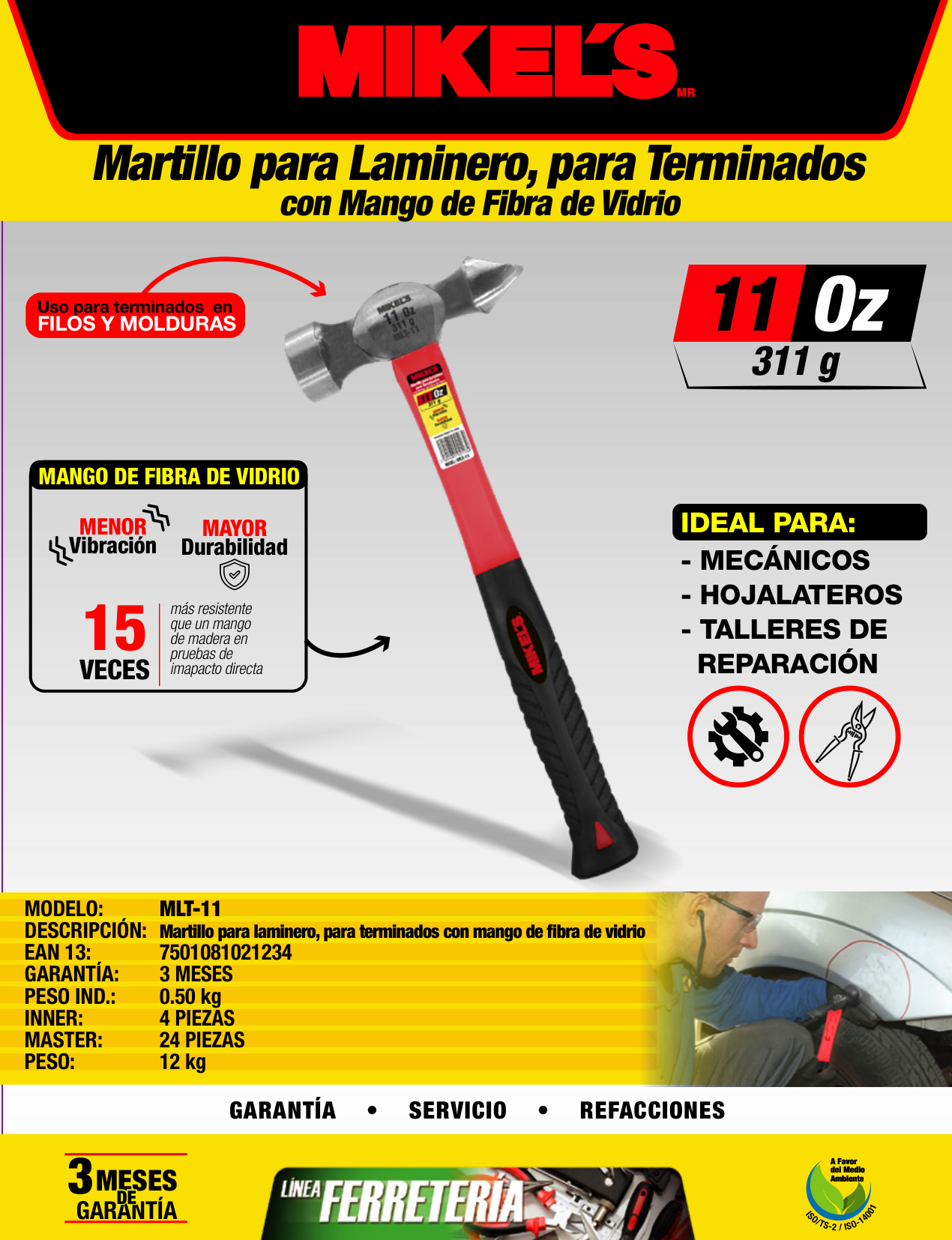 MIKELS MLT-11 Martillo para laminero para terminados, mango de fibra de vidrio (11 oz) - Imagen 4