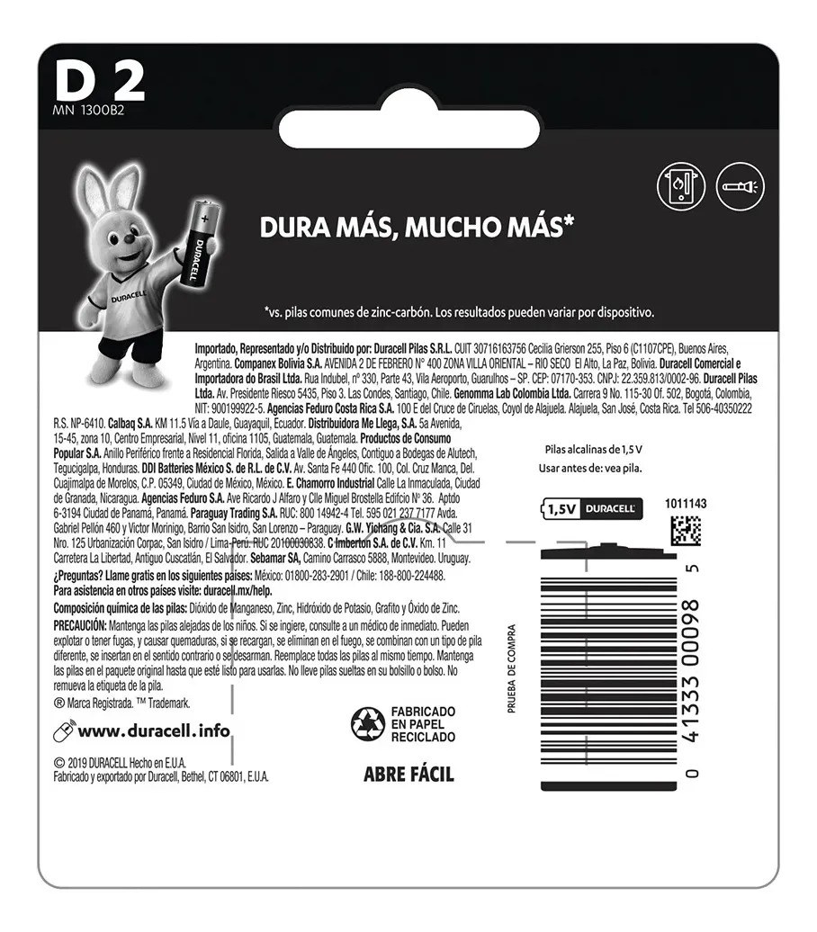 Pila alcalina Duracell® "D", 2 piezas Surtek - Imagen 2