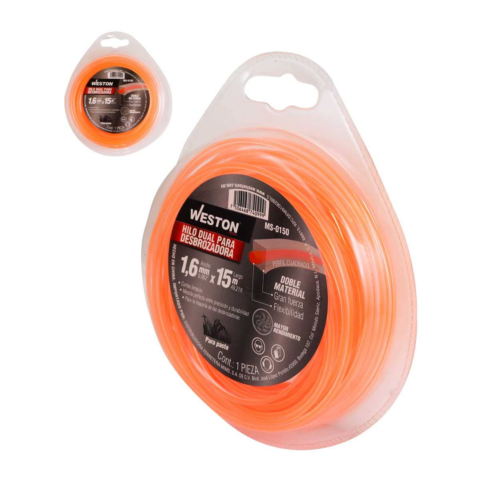 Hilo Dual para Desbrozadora Weston 1.6 mm x 15 m Naranja
