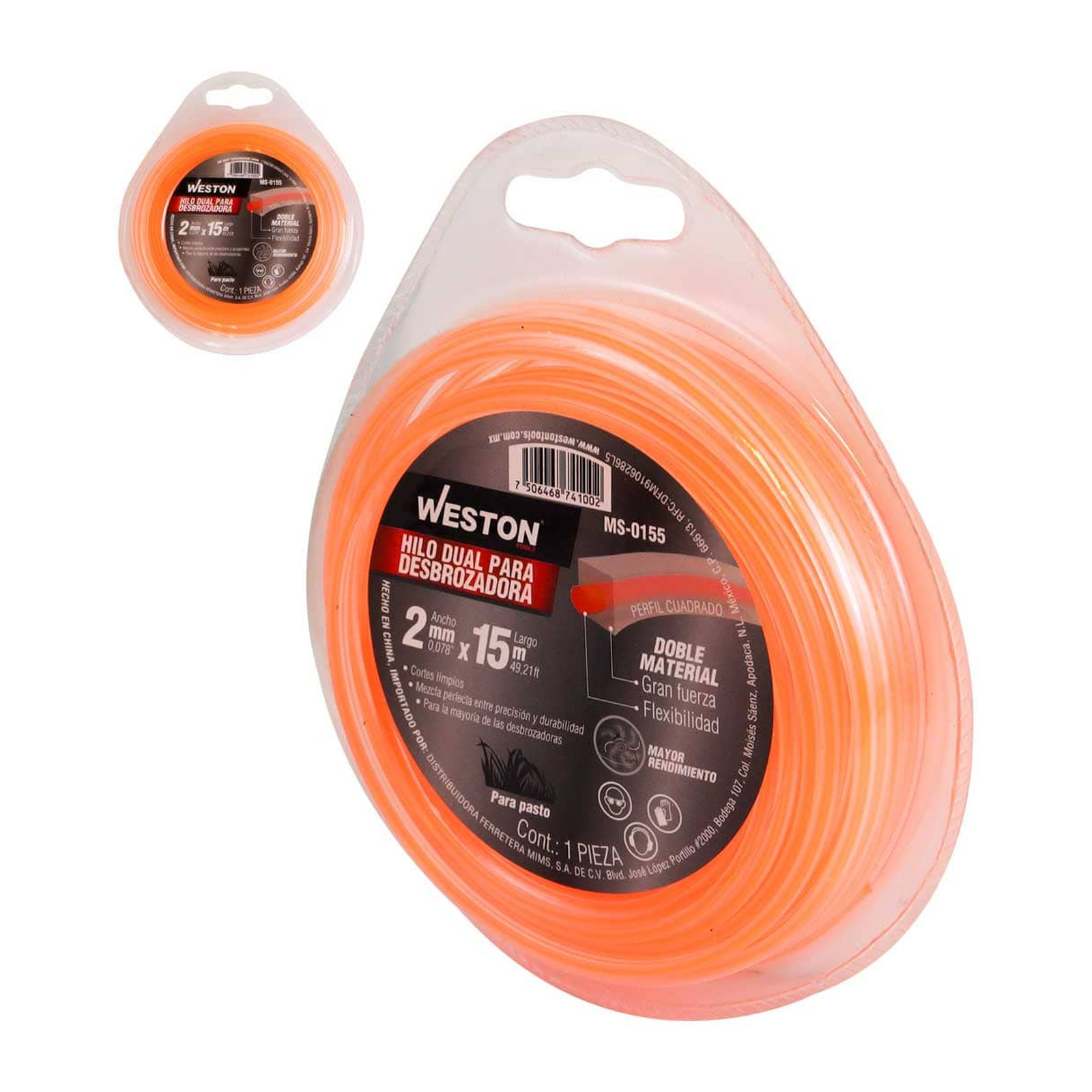 Hilo Dual para Desbrozadora Weston 2.0 mm x 15 m Naranja