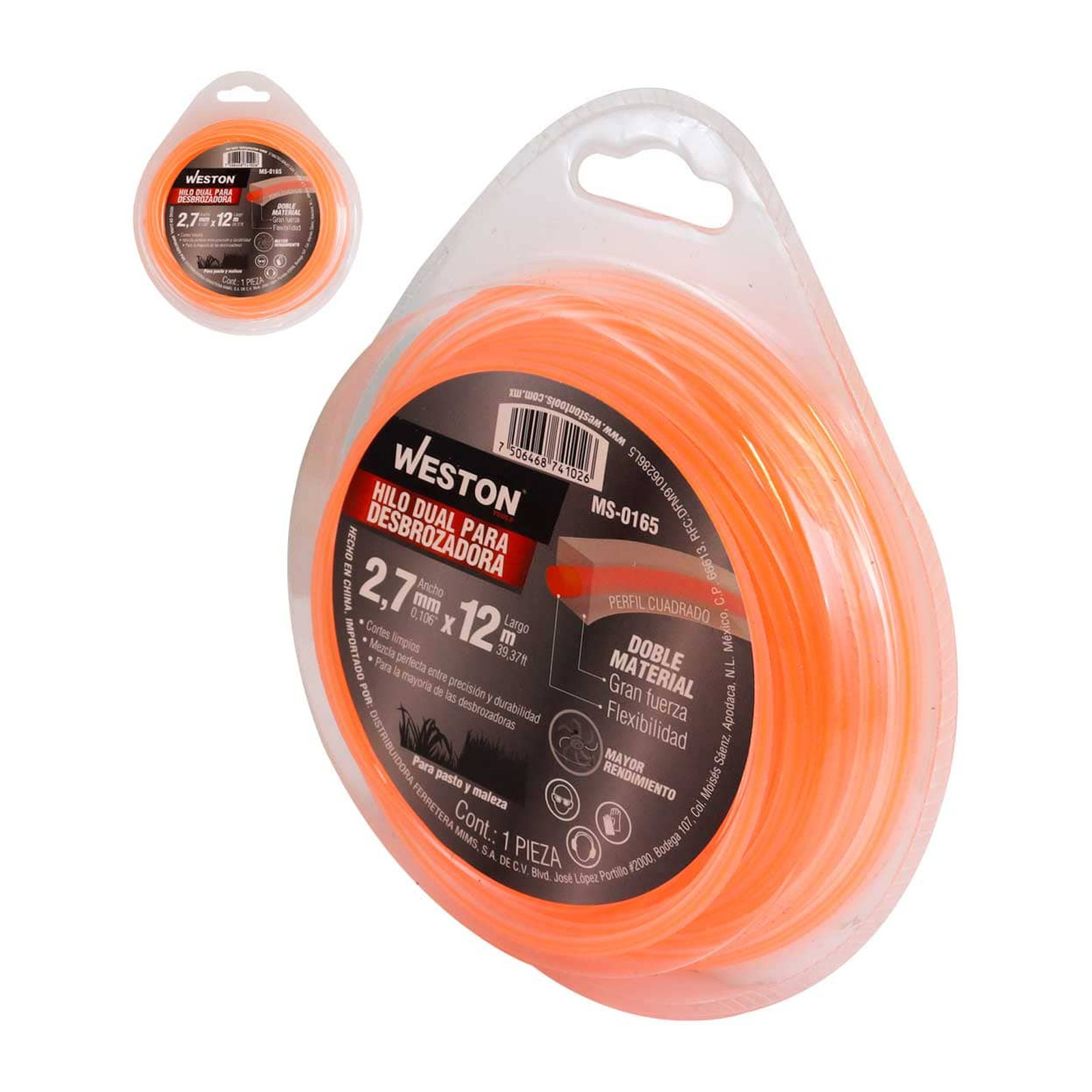 Hilo Dual para Desbrozadora WESTON 2.4mm x 12m - Naranja