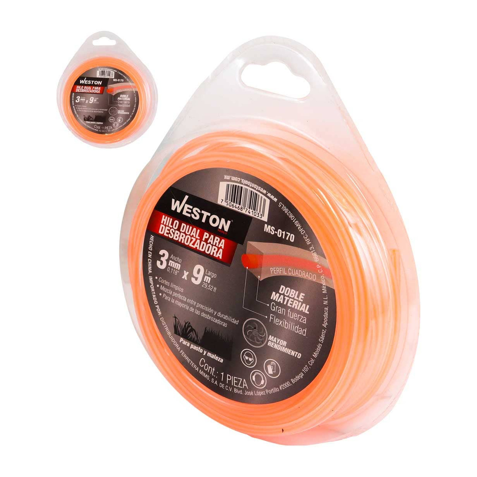 Hilo Dual para Desbrozadora WESTON 3mm x 9m Naranja