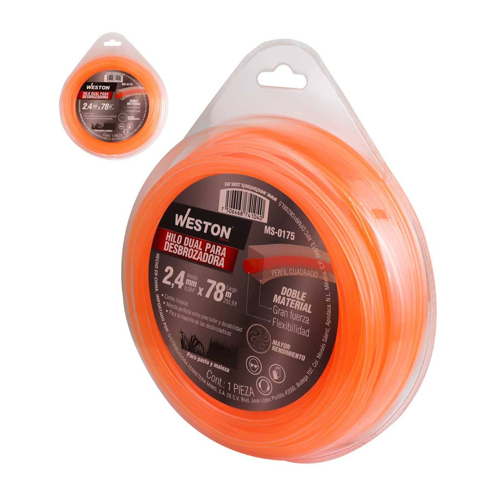 Hilo Dual para Desbrozadora Weston 2.4mm x 78m Naranja