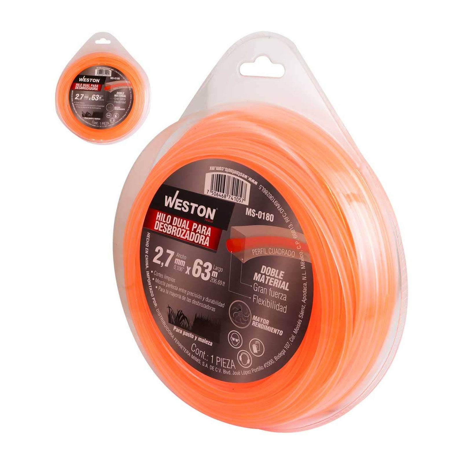 Hilo Dual para Desbrozadora Weston 2.7mm x 63m Naranja