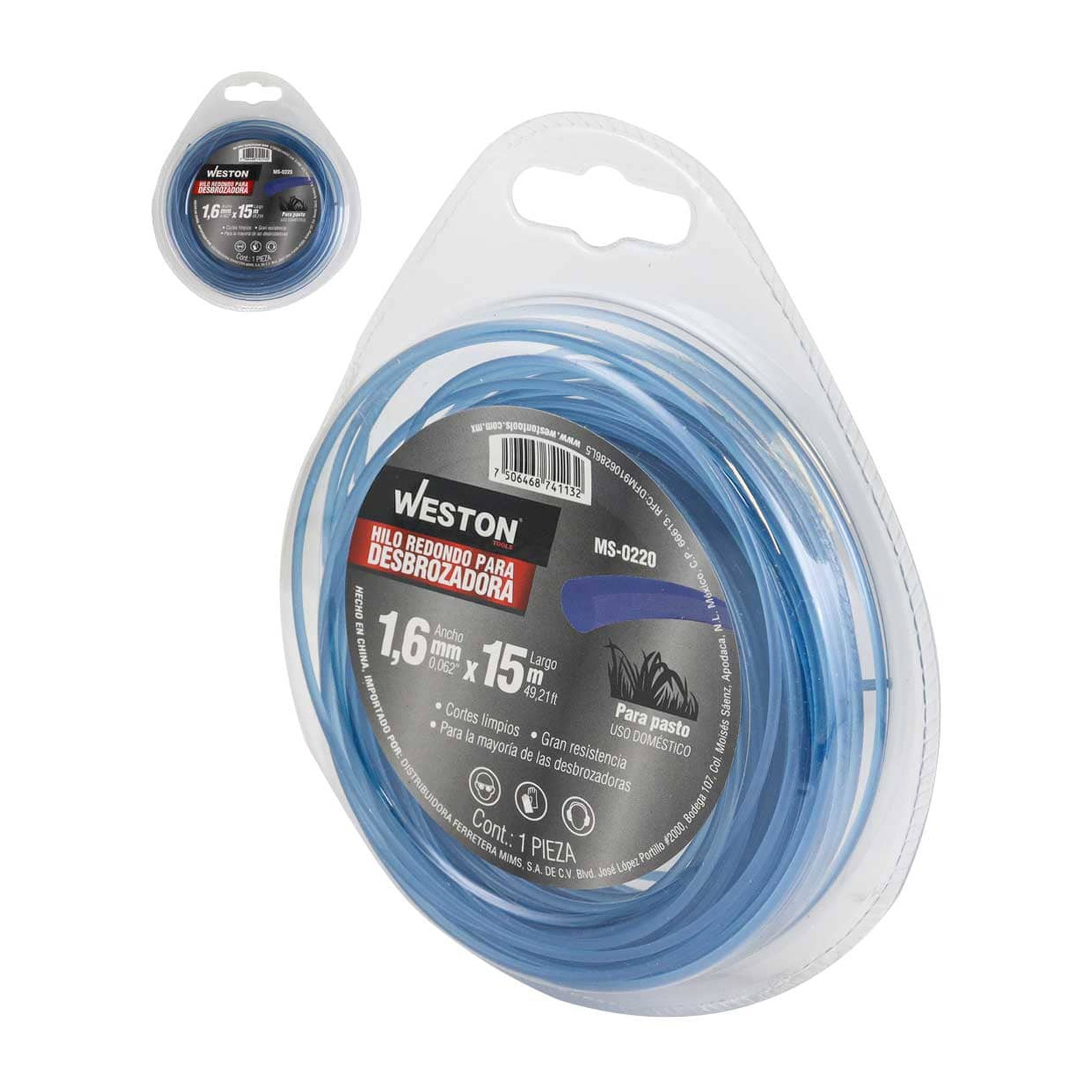 Hilo Redondo para Desbrozadora Weston 1.6 mm x 15 m Azul