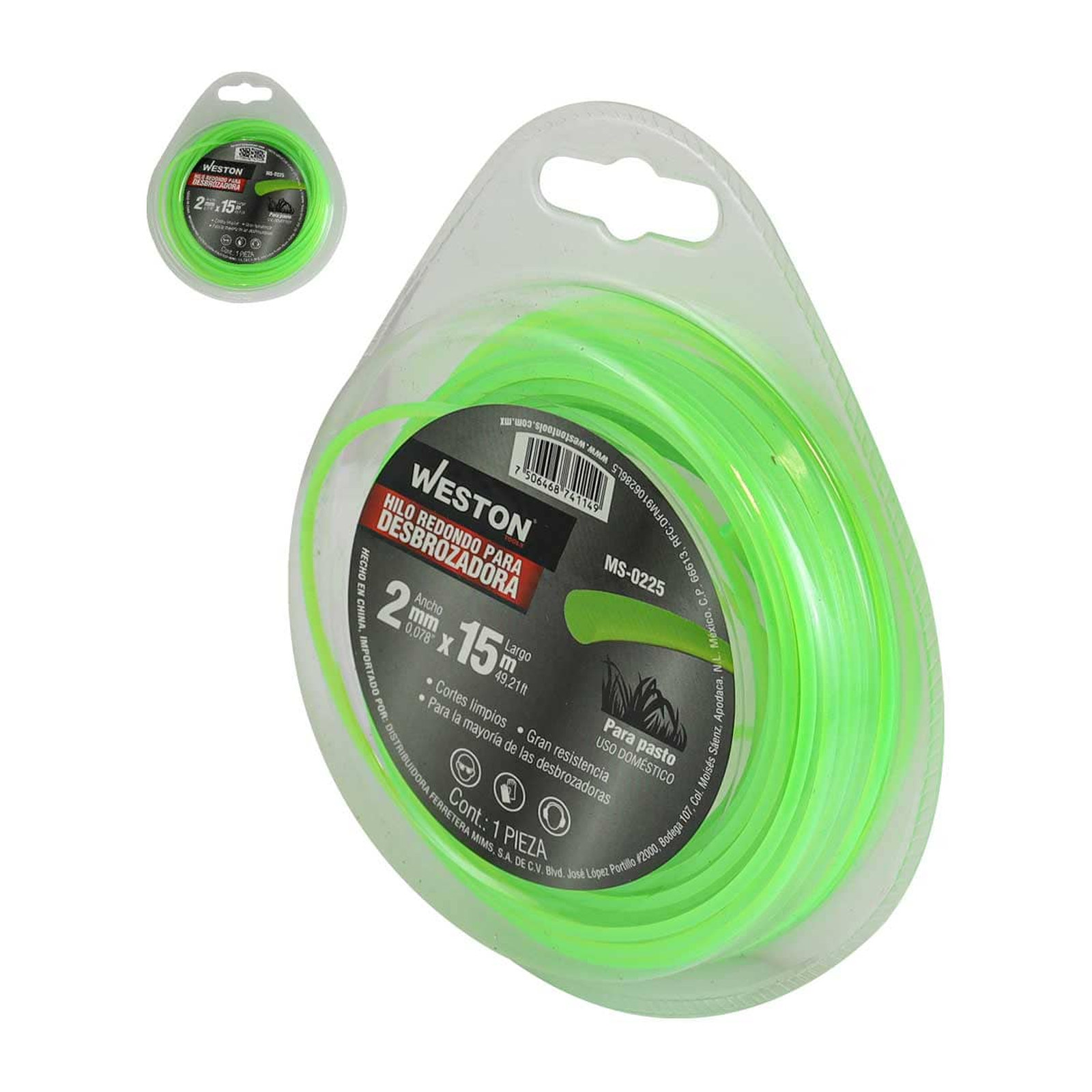 Hilo Redondo para Desbrozadora Weston 2.0 mm x 15 m Verde