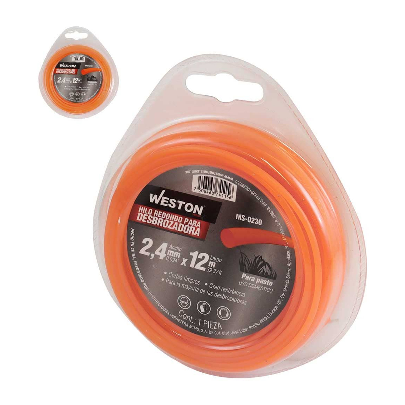 Weston Hilo Redondo para Desbrozadora 2.4 mm x 12 m Naranja