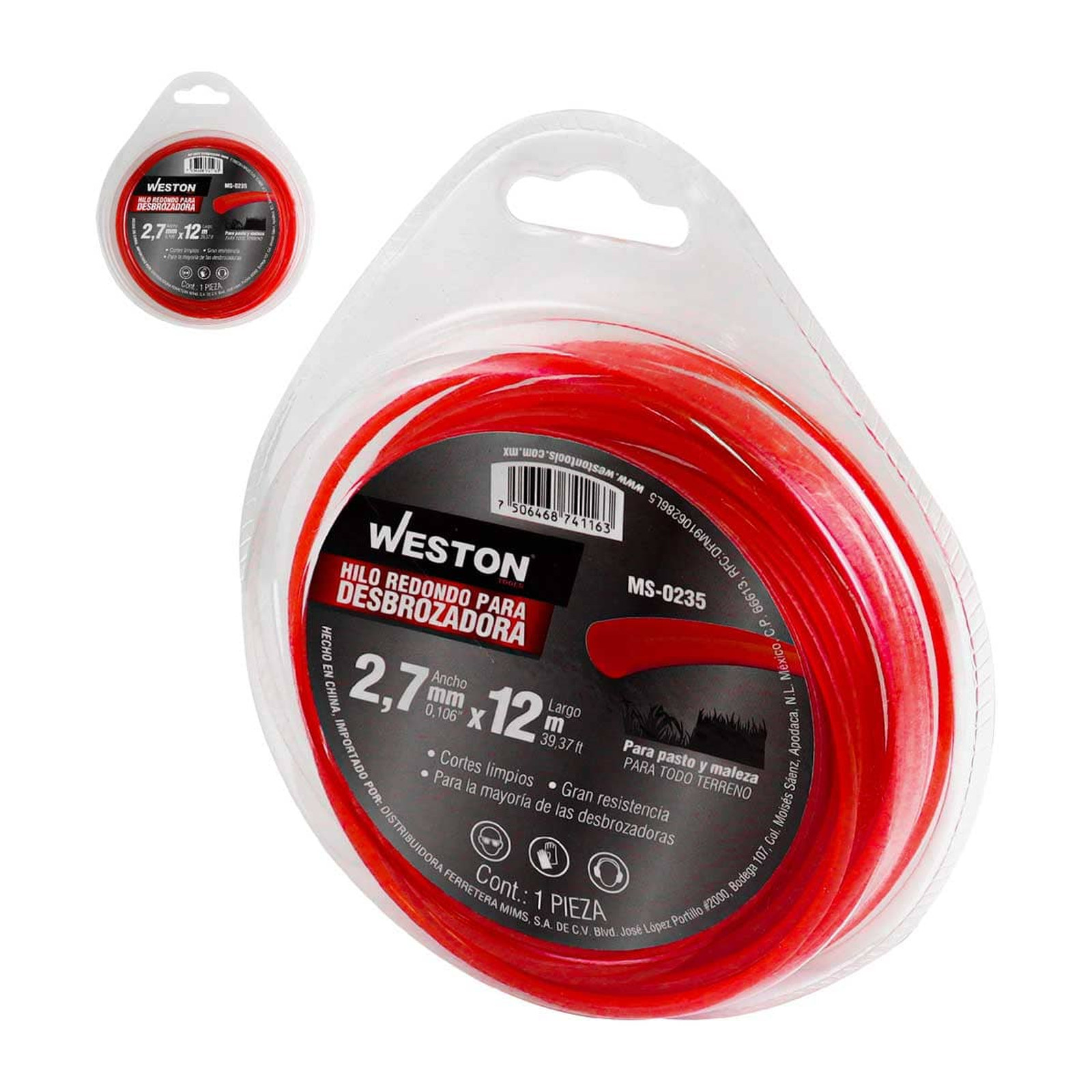 Hilo Redondo para Desbrozadora Weston 2.7 mm x 12 m Rojo