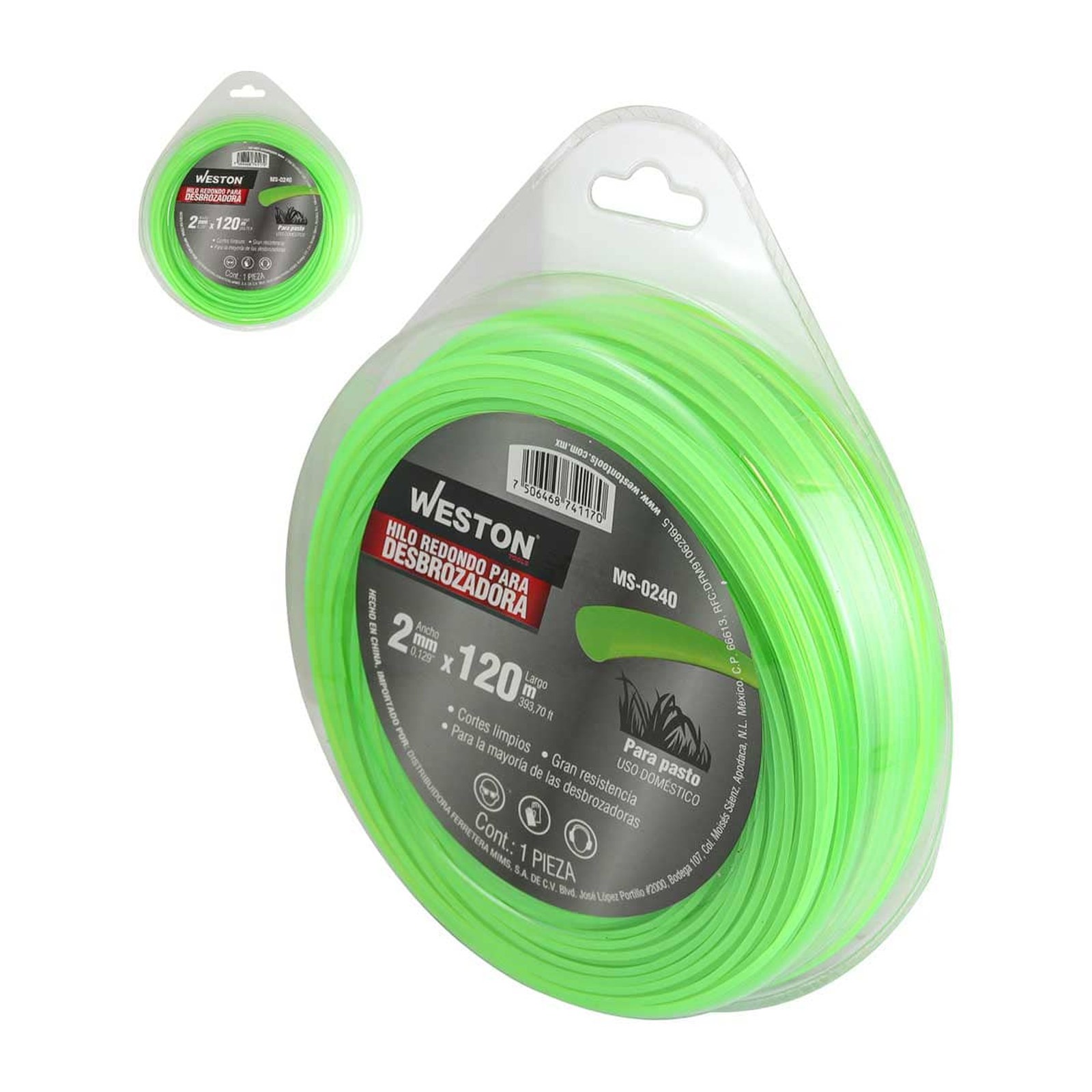 Hilo Redondo para Desbrozadora Weston 2.0 mm x 120 m Verde
