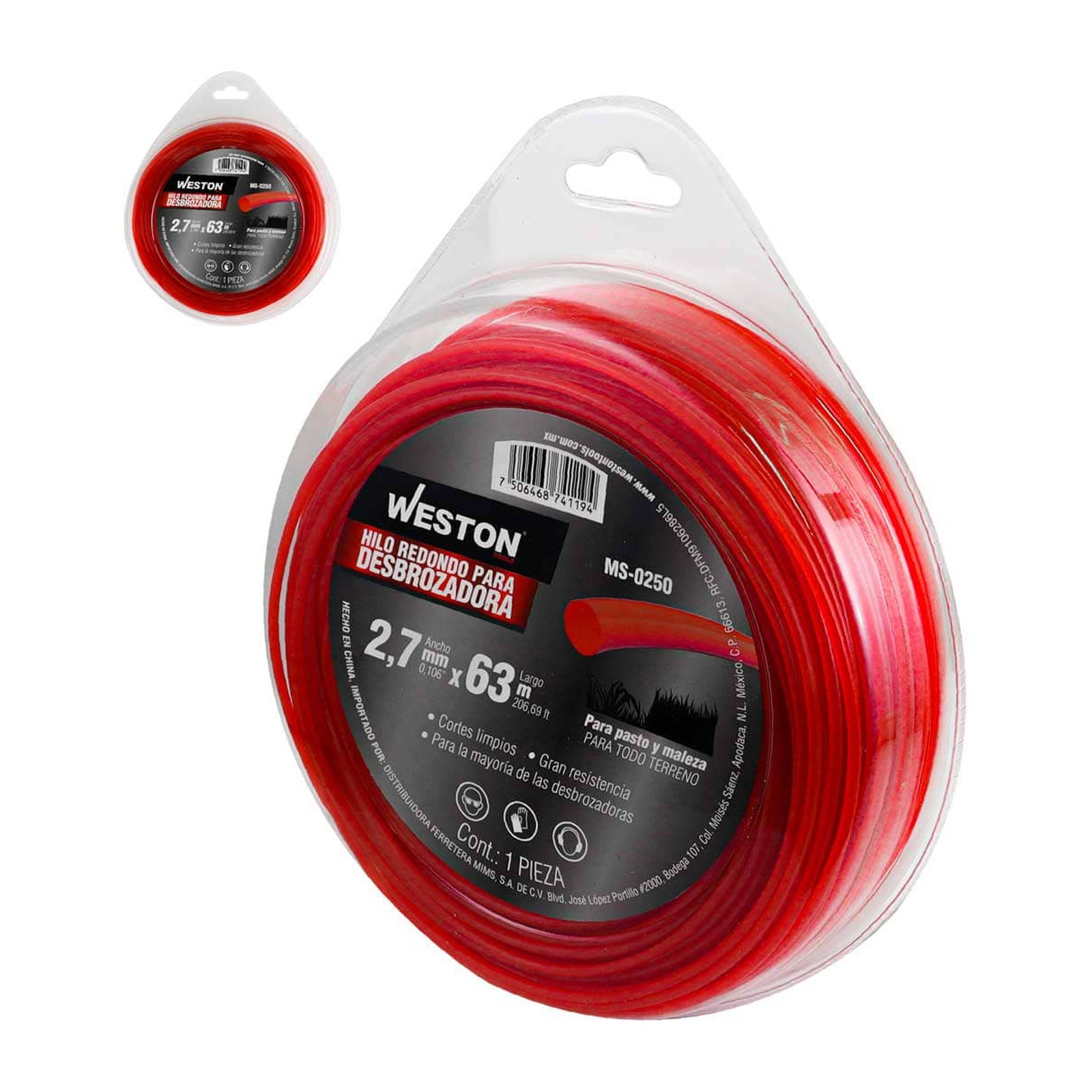 Hilo Redondo para Desbrozadora Weston 2.7 mm x 63 m Rojo