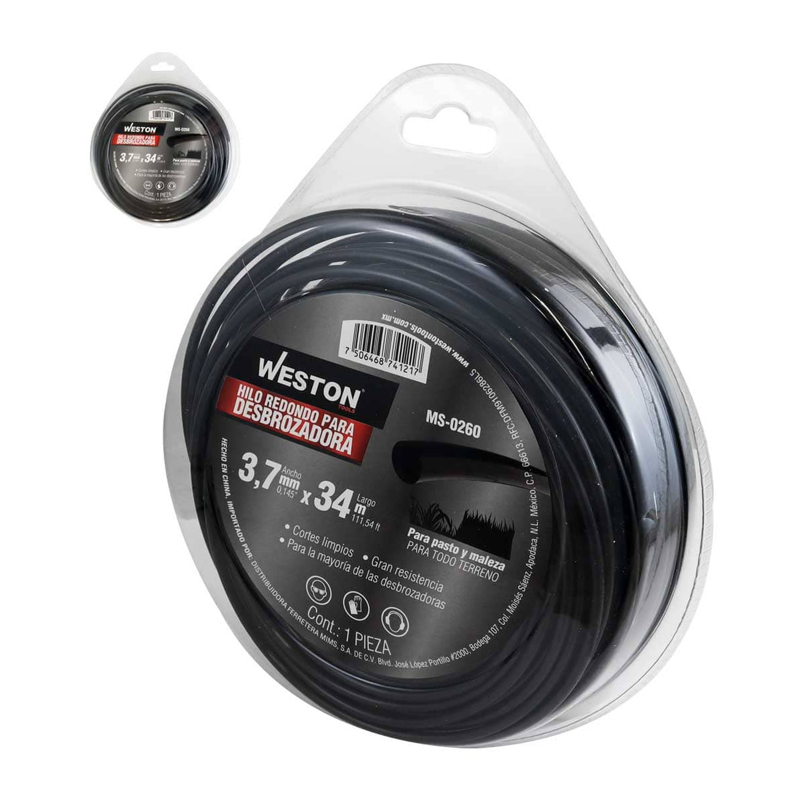 Hilo Redondo para Desbrozadora Weston 3.7 mm x 34 m Negro