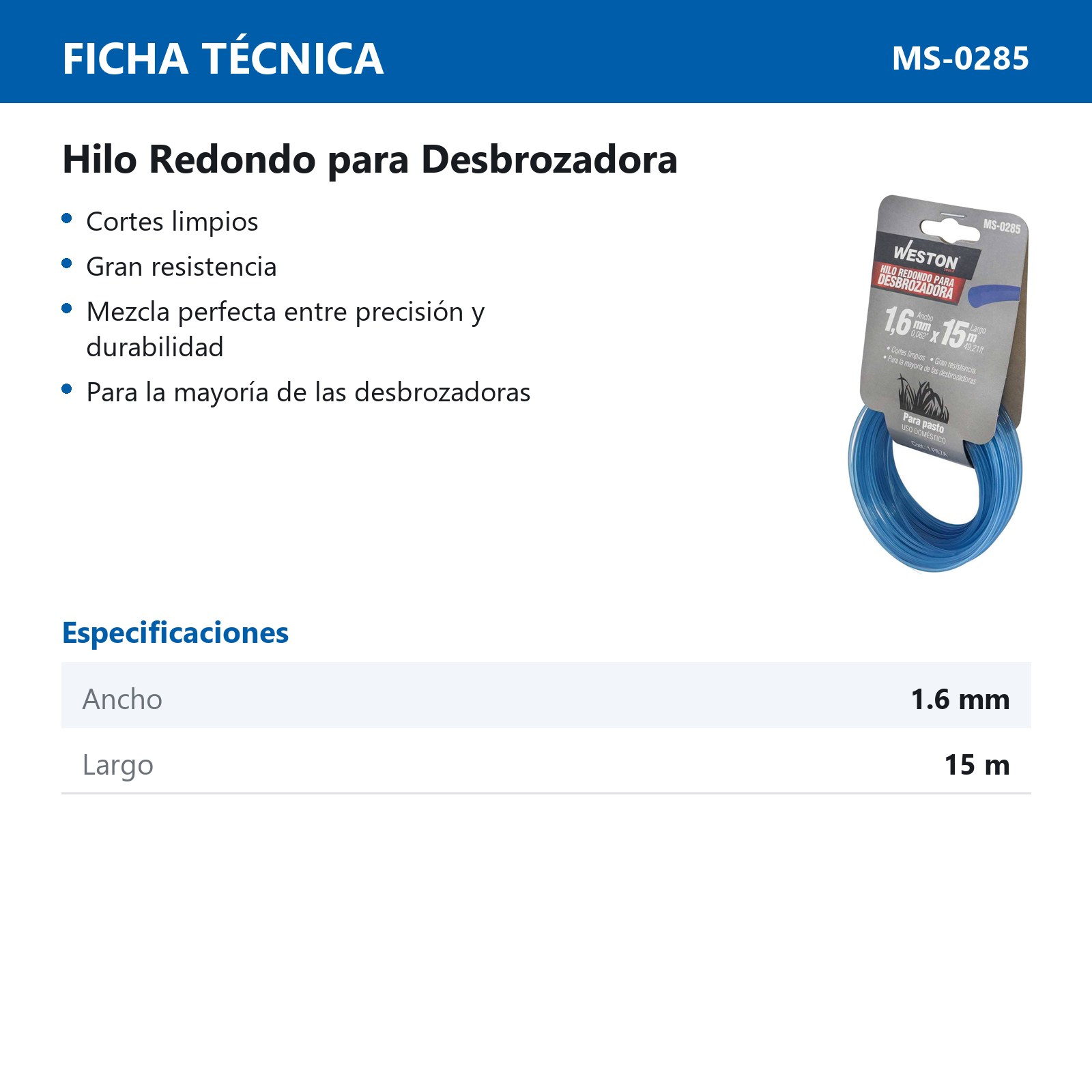 HILO REDONDO P/DESBROZADORA EN CABALLETE 1.6mm X 15m - AZUL - Imagen 4