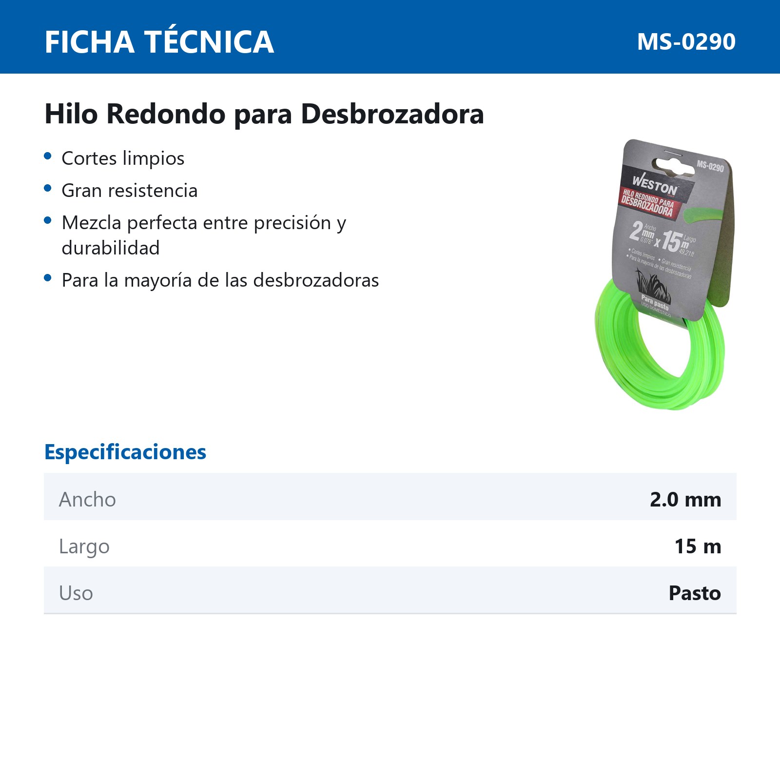 HILO REDONDO P/DESBROZADORA EN CABALLETE 2.0mm X 15m - VERDE - Imagen 4
