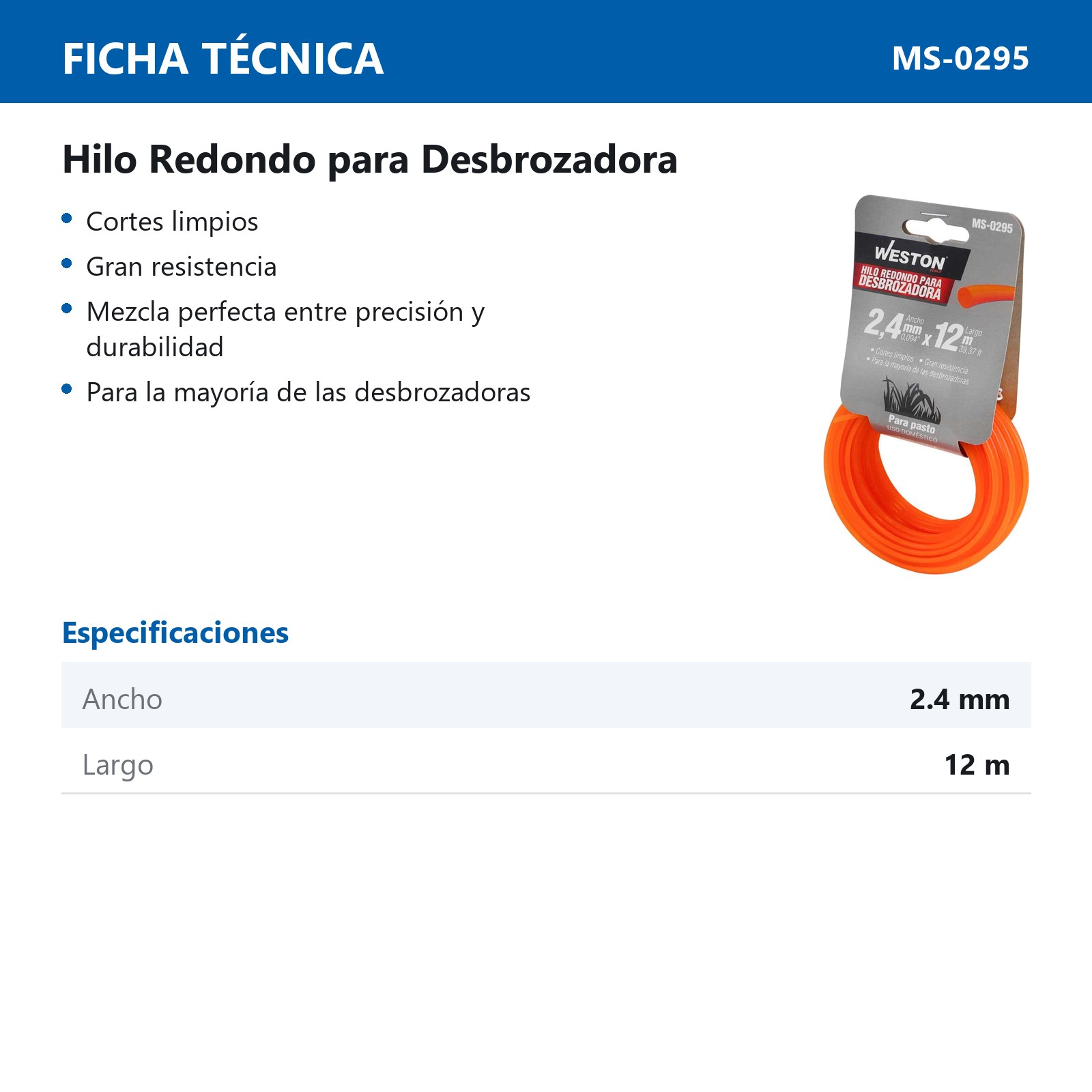 HILO REDONDO P/DESBROZADORA EN CABALLETE 2.4mm X 12m - NARANJA - Imagen 4