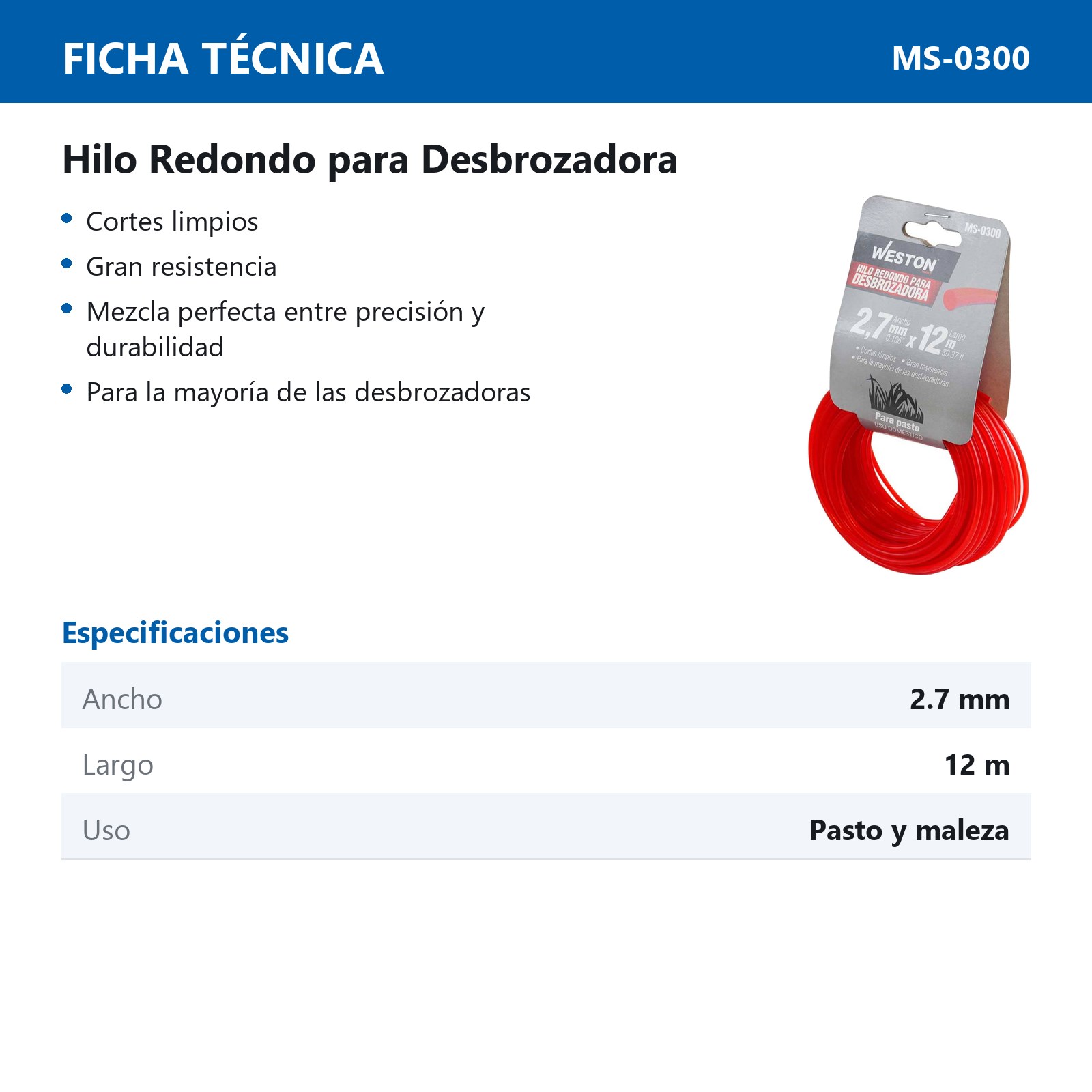 HILO REDONDO P/DESBROZADORA EN CABALLETE 2.7mm X 12m - ROJO - Imagen 4