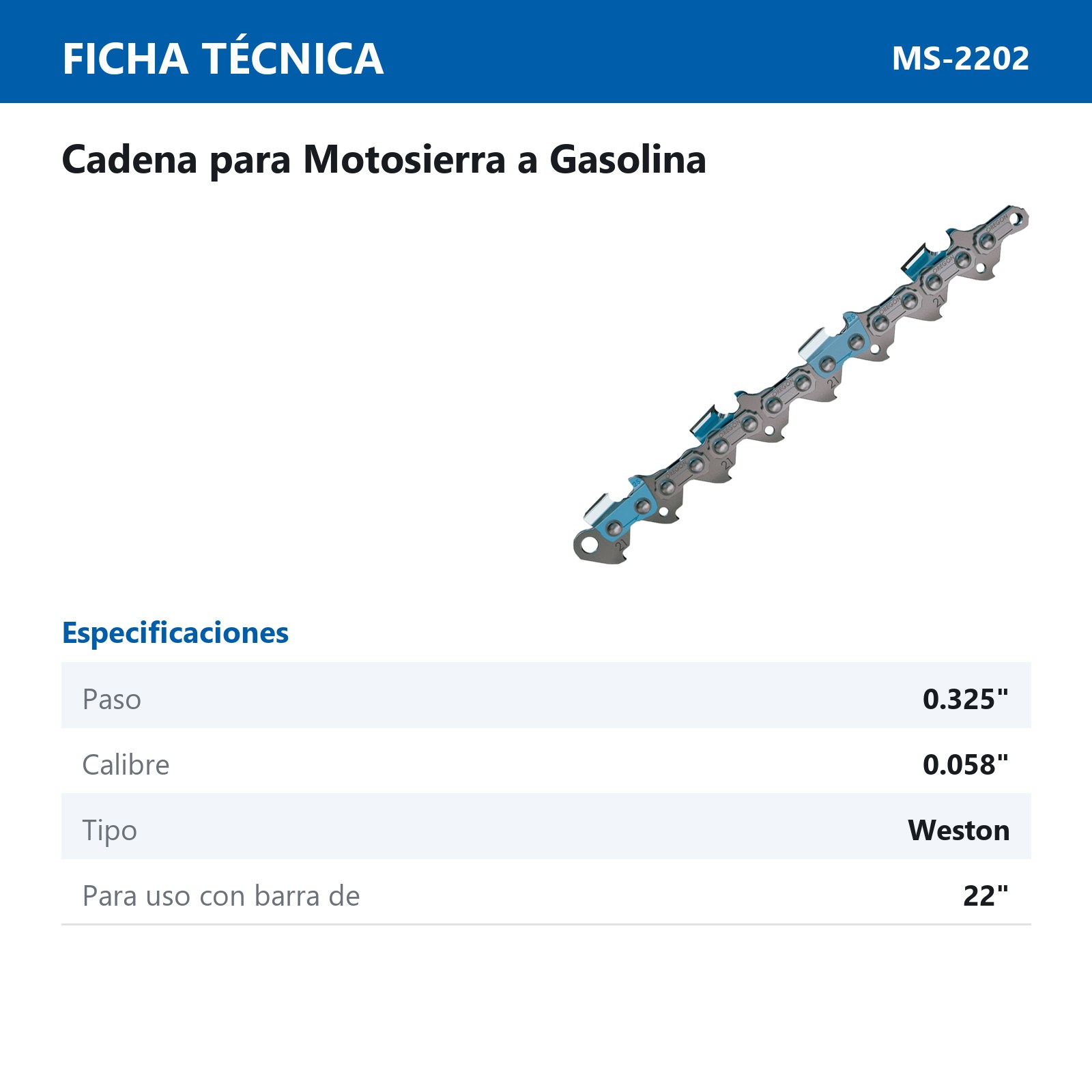CADENA WESTON D/REPUESTO P/MOTOSIERRA A GASOLINA 22" - Imagen 2