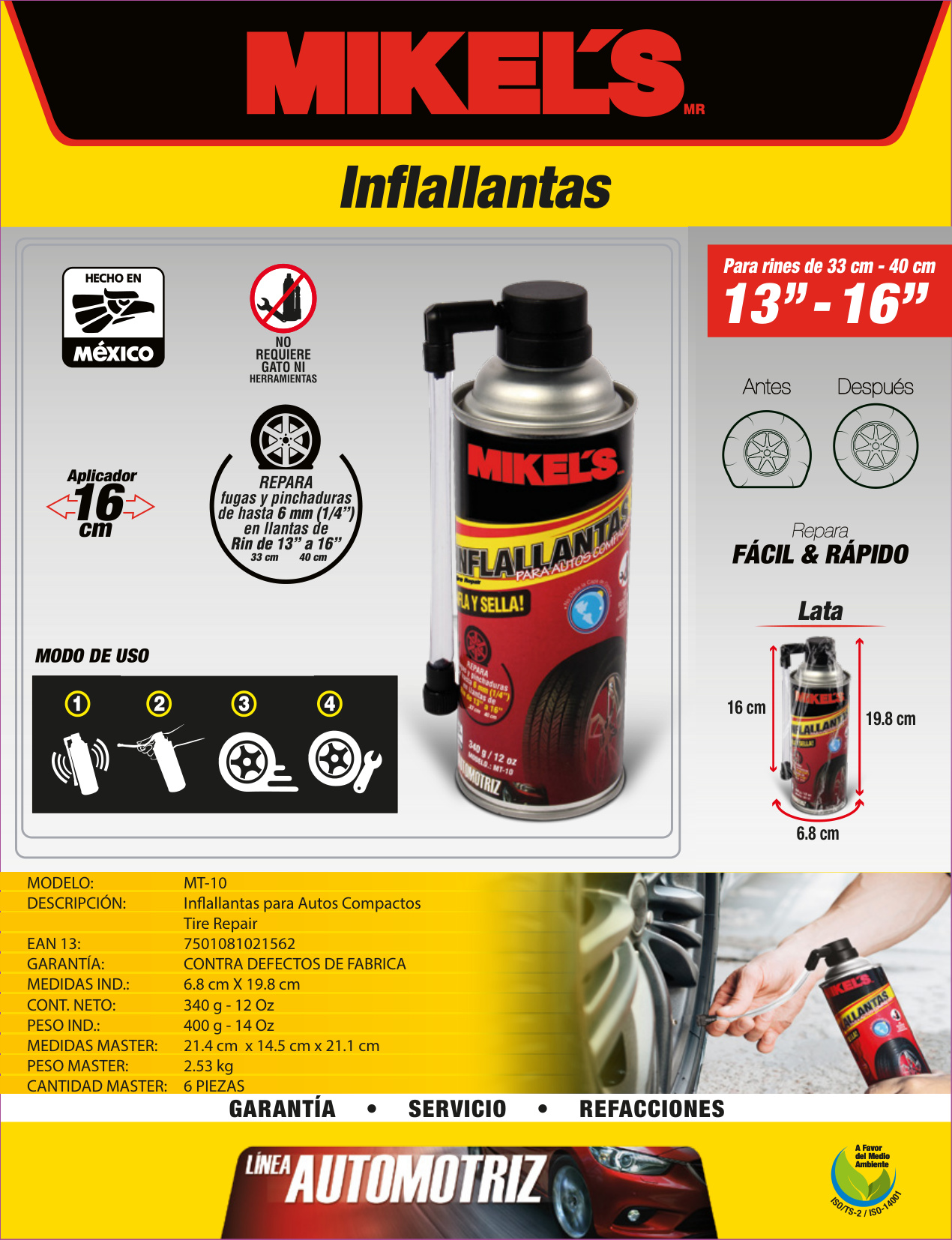 MIKELS MT-10 Inflallantas magic tire (340 grs, 12 oz) para autos compactos - Imagen 4