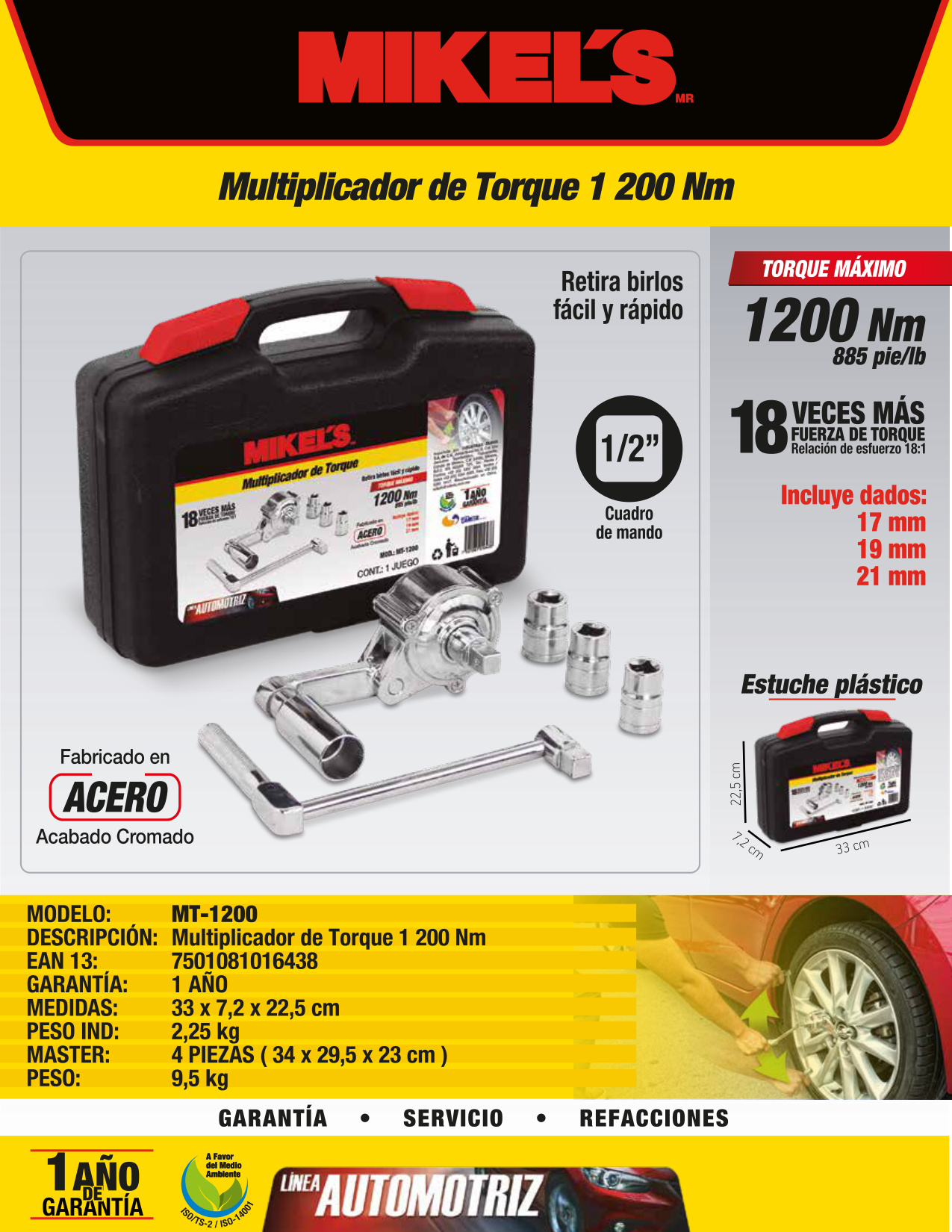 MIKELS MT-1200 Multiplicador de torque  885 pie/lb (Incluye 3 dados: 17,19,21 mm) - Imagen 4