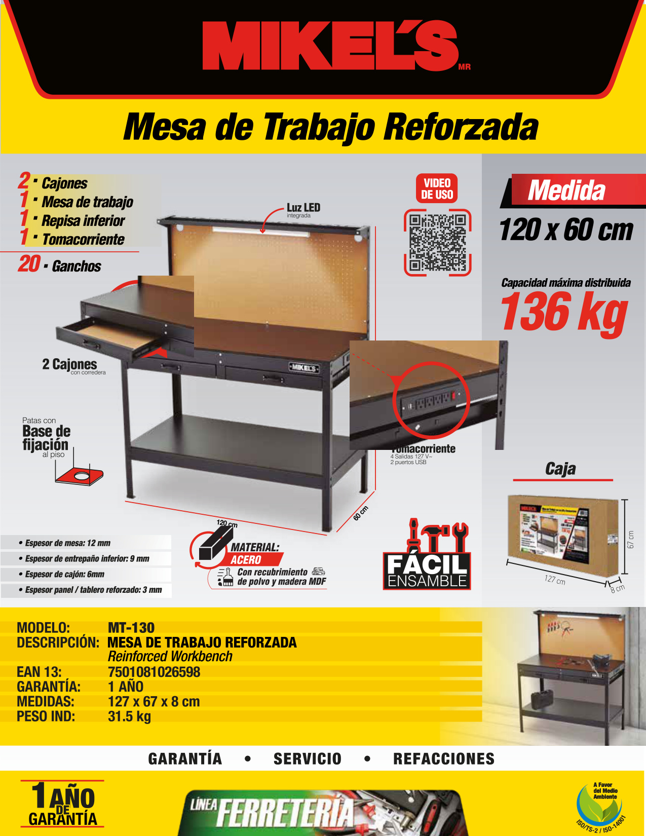 MIKELS MT-130 Mesa de trabajo reforzada (120 X 60 cms) - Imagen 2