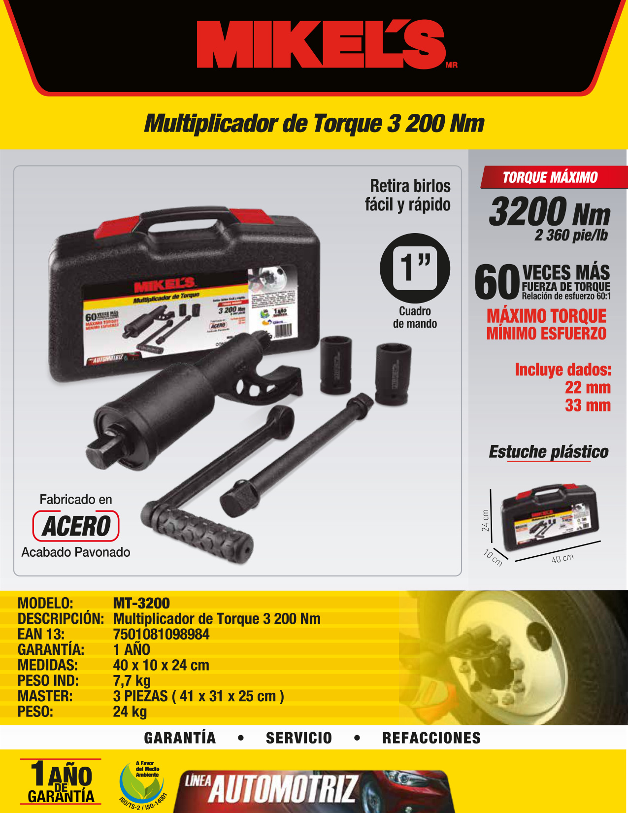 MIKELS MT-3200 Multiplicador de torque 2,360 pie/lb (Incluye 2 dados: 32, 33 mm) - Imagen 4