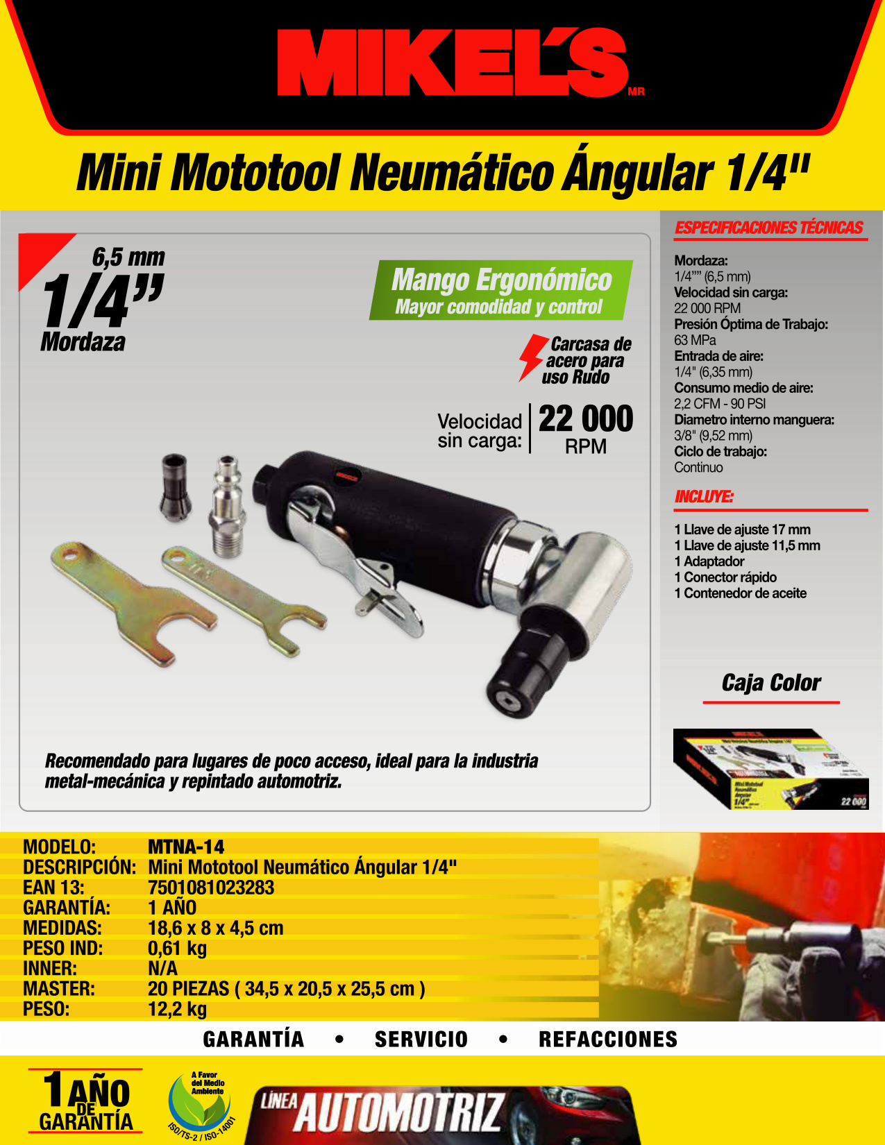 MIKELS MTNA-14 Mini Mototool neumático angular 1/4" - Imagen 2