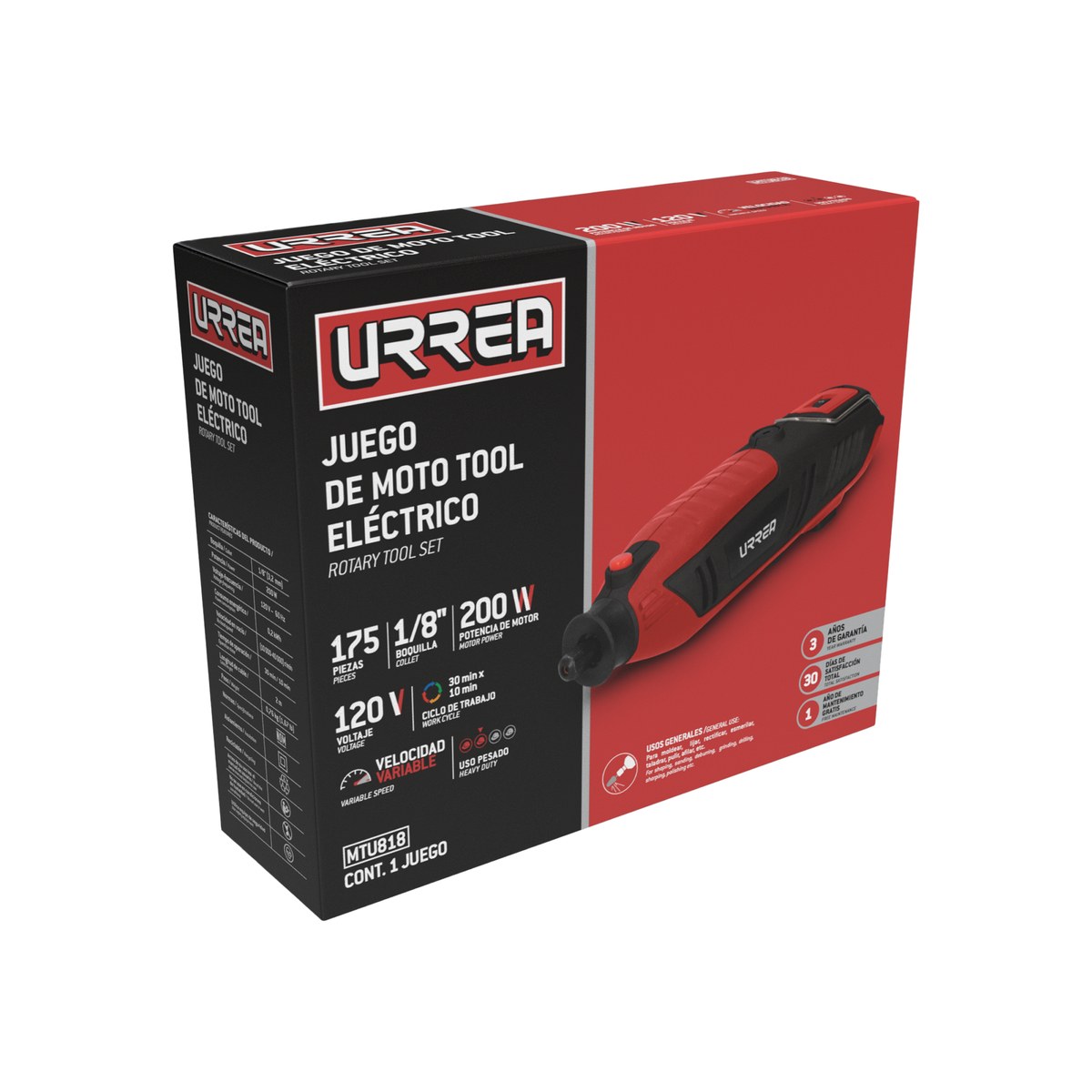 Juego de moto tool eléctrico 1/8" 200 W, 175 piezas. Urrea - Imagen 2
