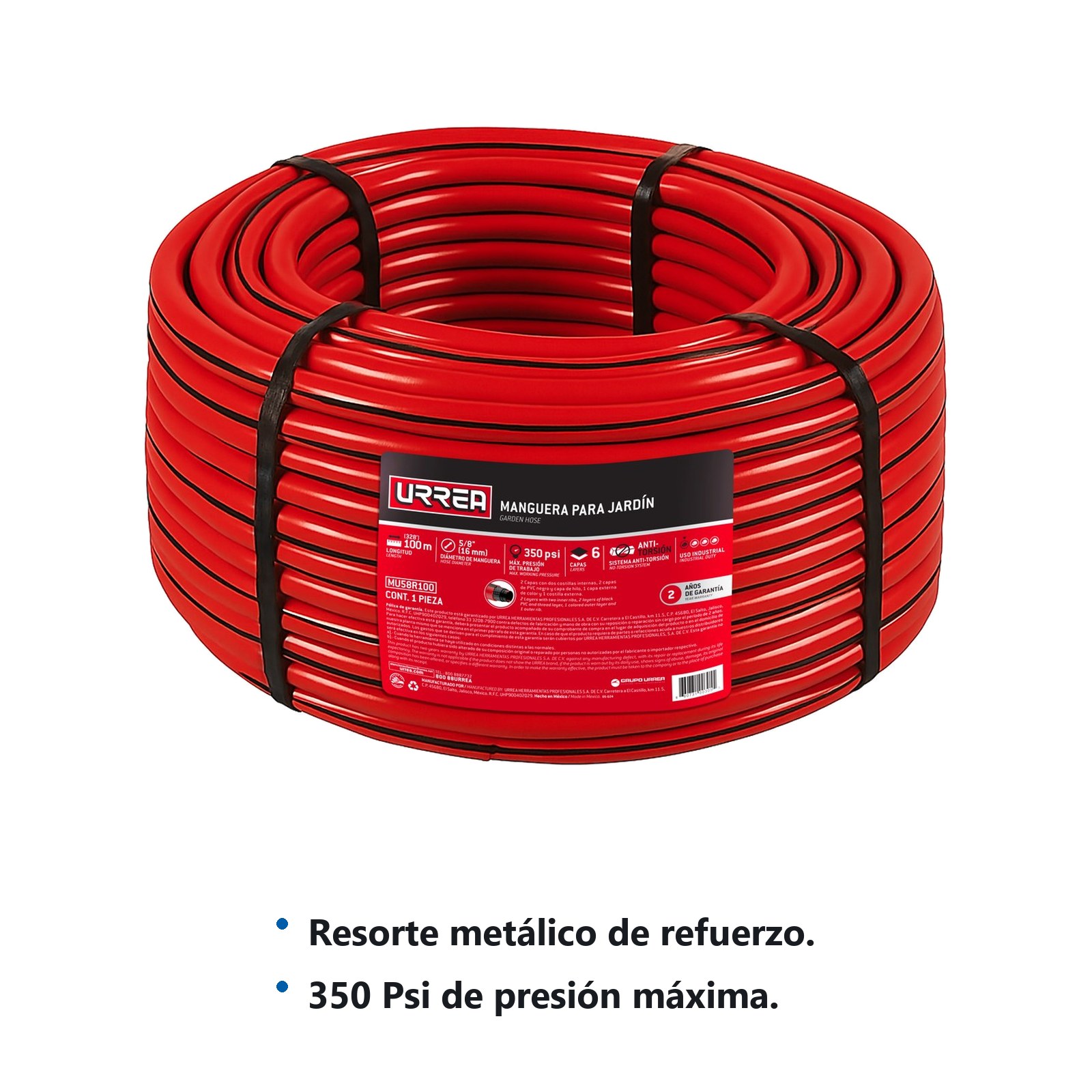 Manguera para jardín de 6 capas reforzada con conector metálico robusto 5/8", 100 m Urrea - Imagen 2