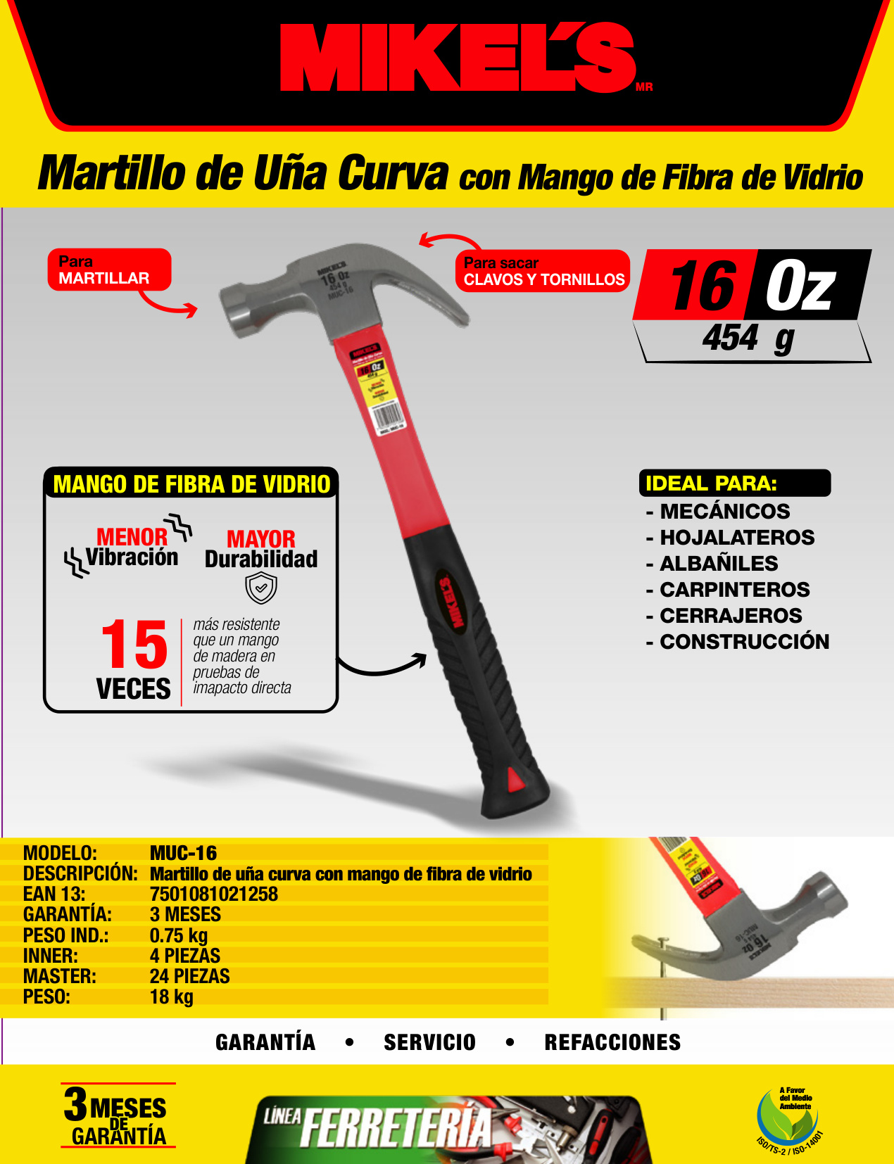 MIKELS MUC-16 Martillo de uña curva, mango de fibra de vidrio (16 oz) - Imagen 4