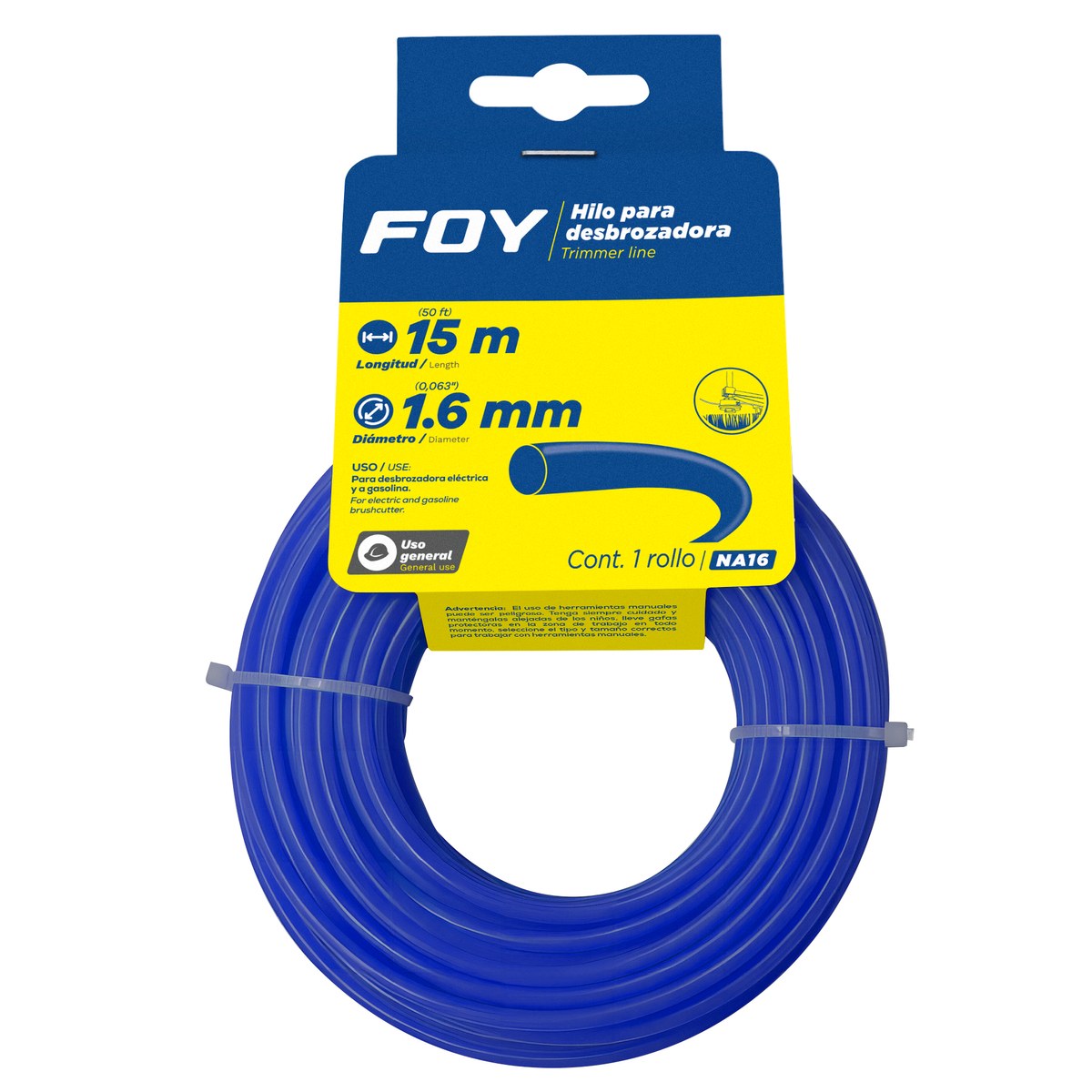 Nailon redondo para desbrozadora en tarjeta, 1.6 mm x 15 m Foy