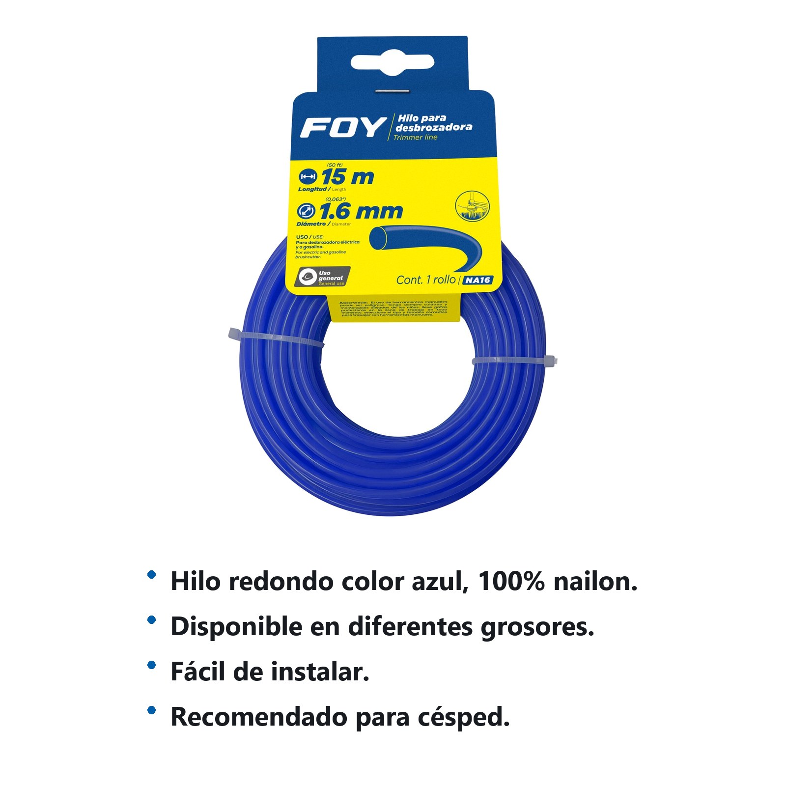 Nailon redondo para desbrozadora en tarjeta, 1.6 mm x 15 m Foy - Imagen 2