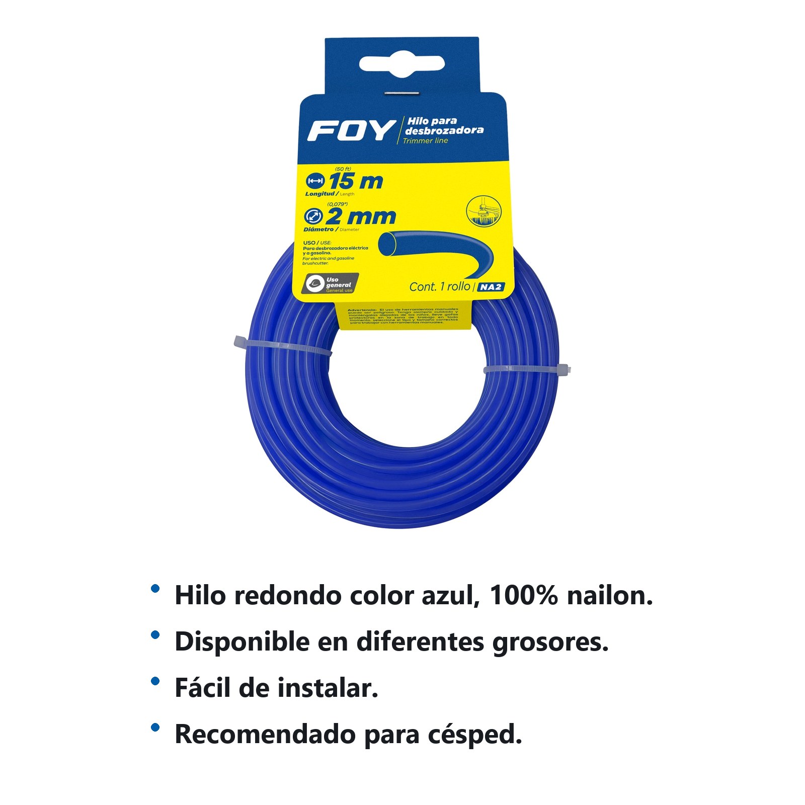 Nailon redondo para desbrozadora en tarjeta, 2 mm x 15 m Foy - Imagen 2