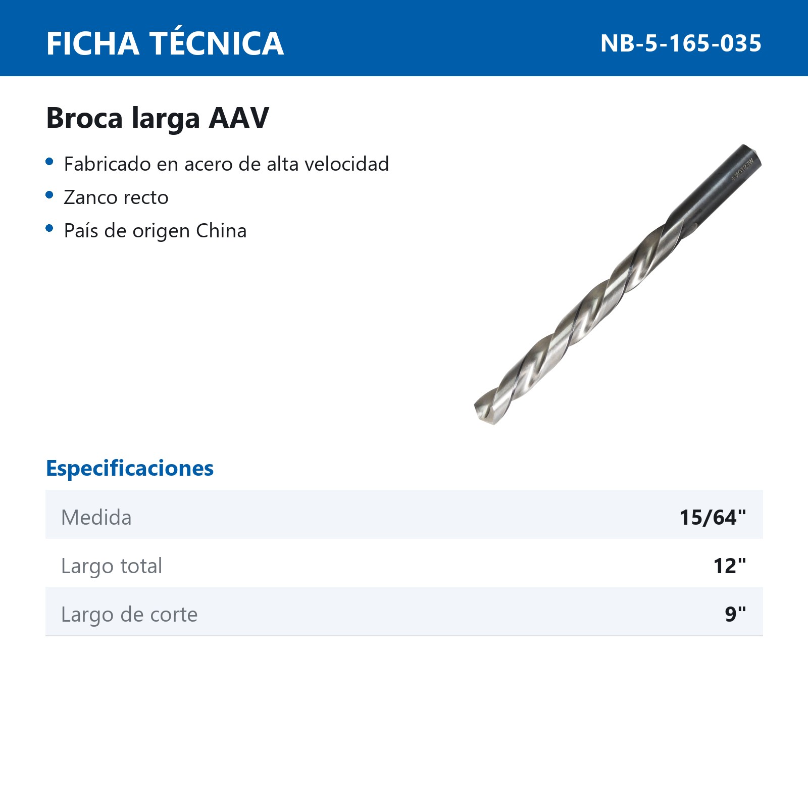 BROCA LARGA AAV 15/64 x 12" WP BLACK & SILVER - Imagen 2