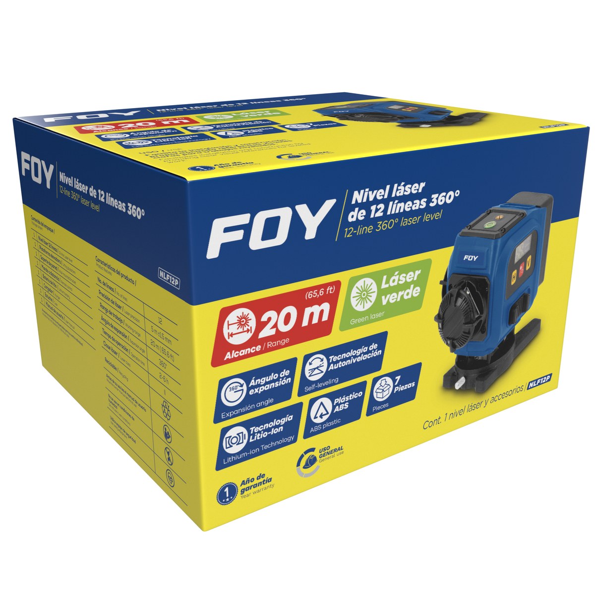 Nivel láser 12 líneas 360°, Pantalla LCD, alcance maximo de 20 m Foy - Imagen 2