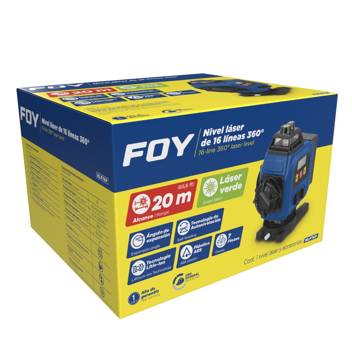 Nivel láser 16 líneas 360°, Pantalla LCD, alcance maximo de 20 m Foy - Imagen 2