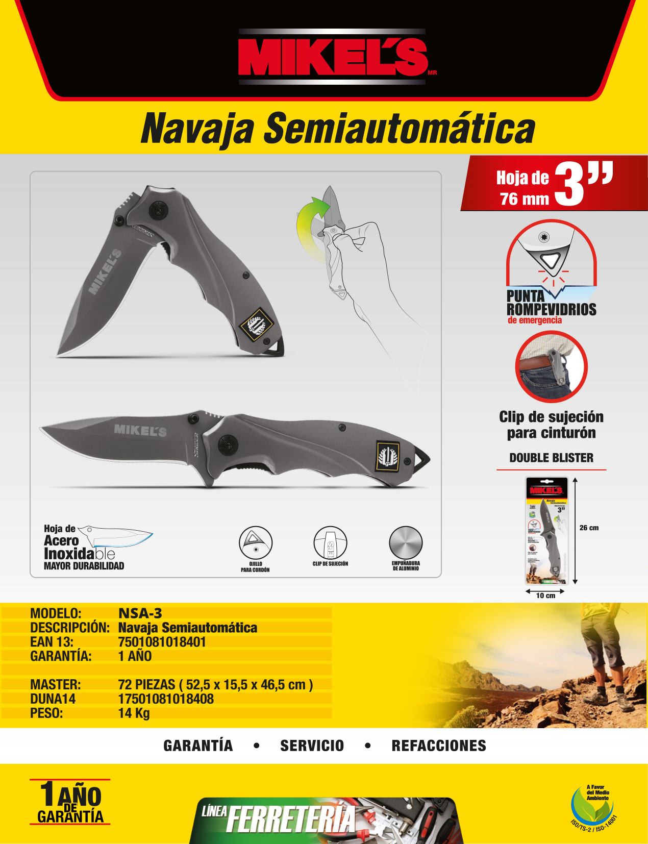 MIKELS NSA-3 Navaja semiautomática de 3" (7.5 cms) - Imagen 4