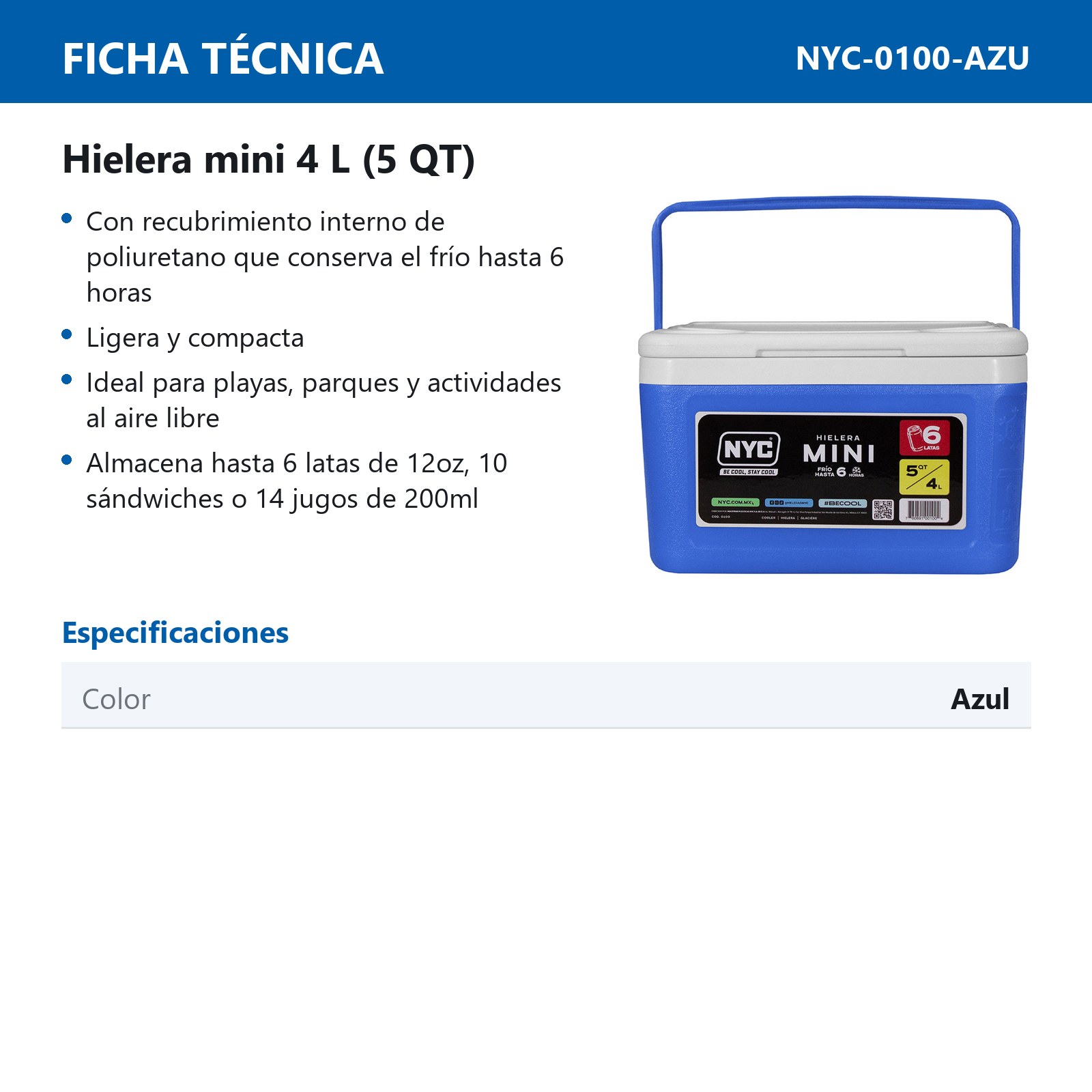 HIELERA NYC MINI 5 QTS. AZUL - Imagen 2