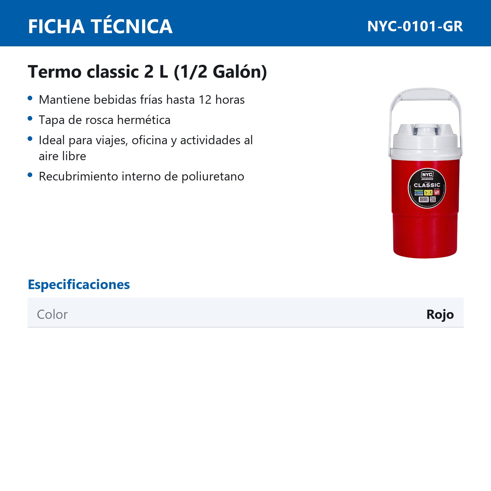 TERMO NYC CLASSIC 1/2 GALONES ROJO (2 LITROS) - Imagen 2