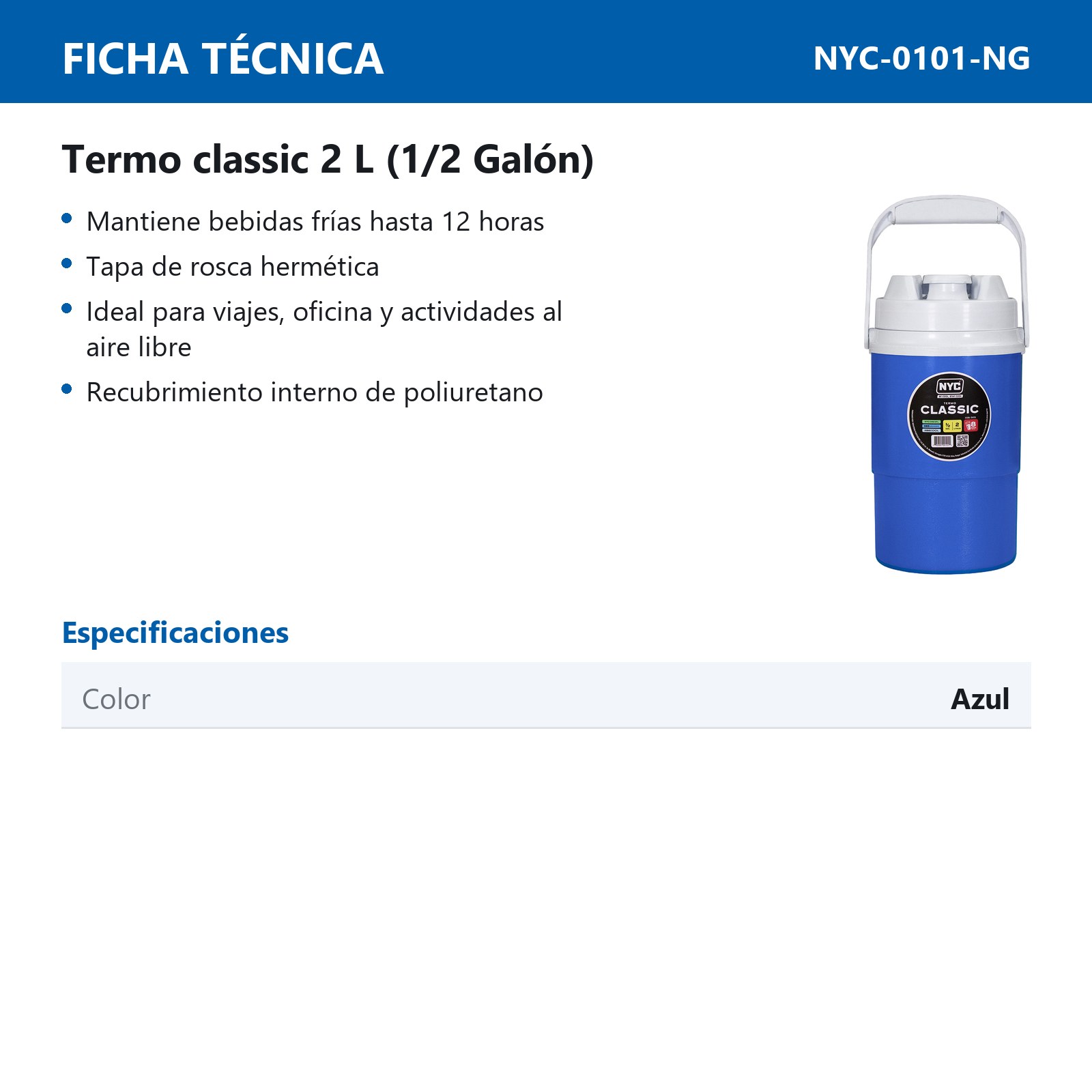 TERMO NYC CLASSIC 1/2 GALONES AZUL (2 LITROS) - Imagen 2