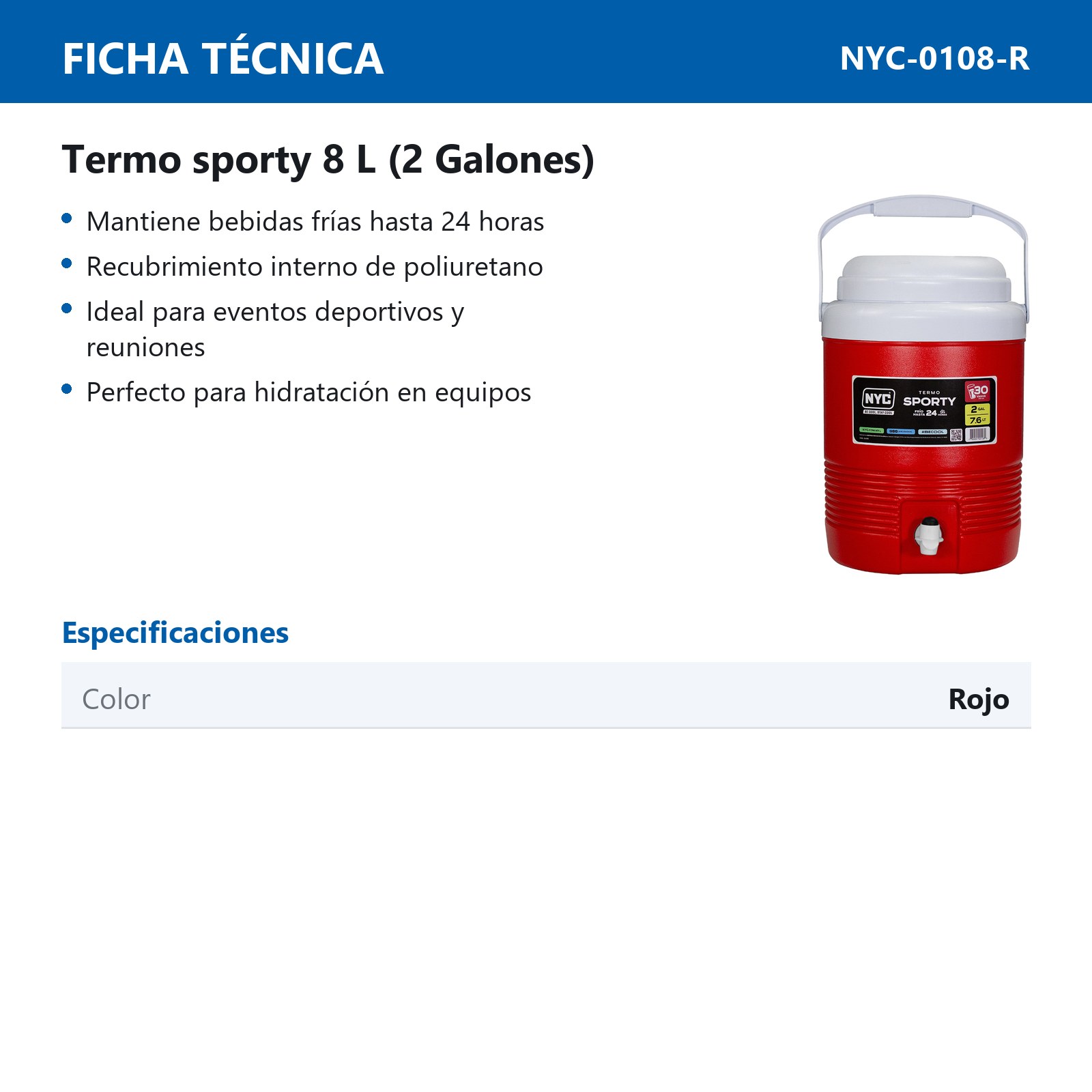 TERMO NYC SPORTY 2 GALONES ROJO - Imagen 2